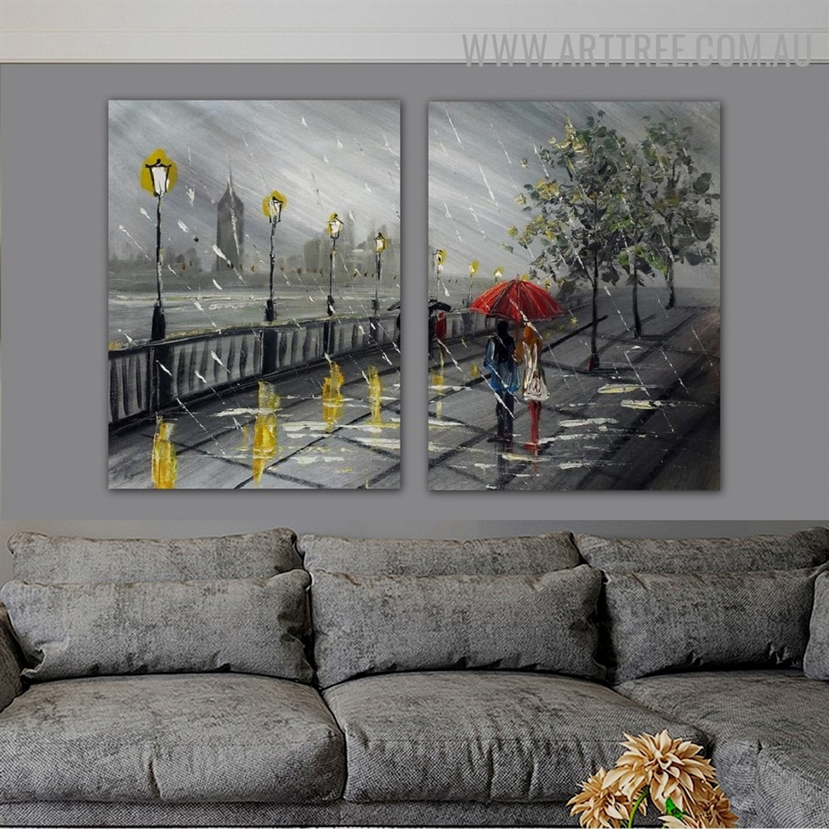 Rainy Season Landscape City Knife Handmade 2 Piece Multi Panel Canvas Oil Painting Wall Art Set for Room Wall Decor