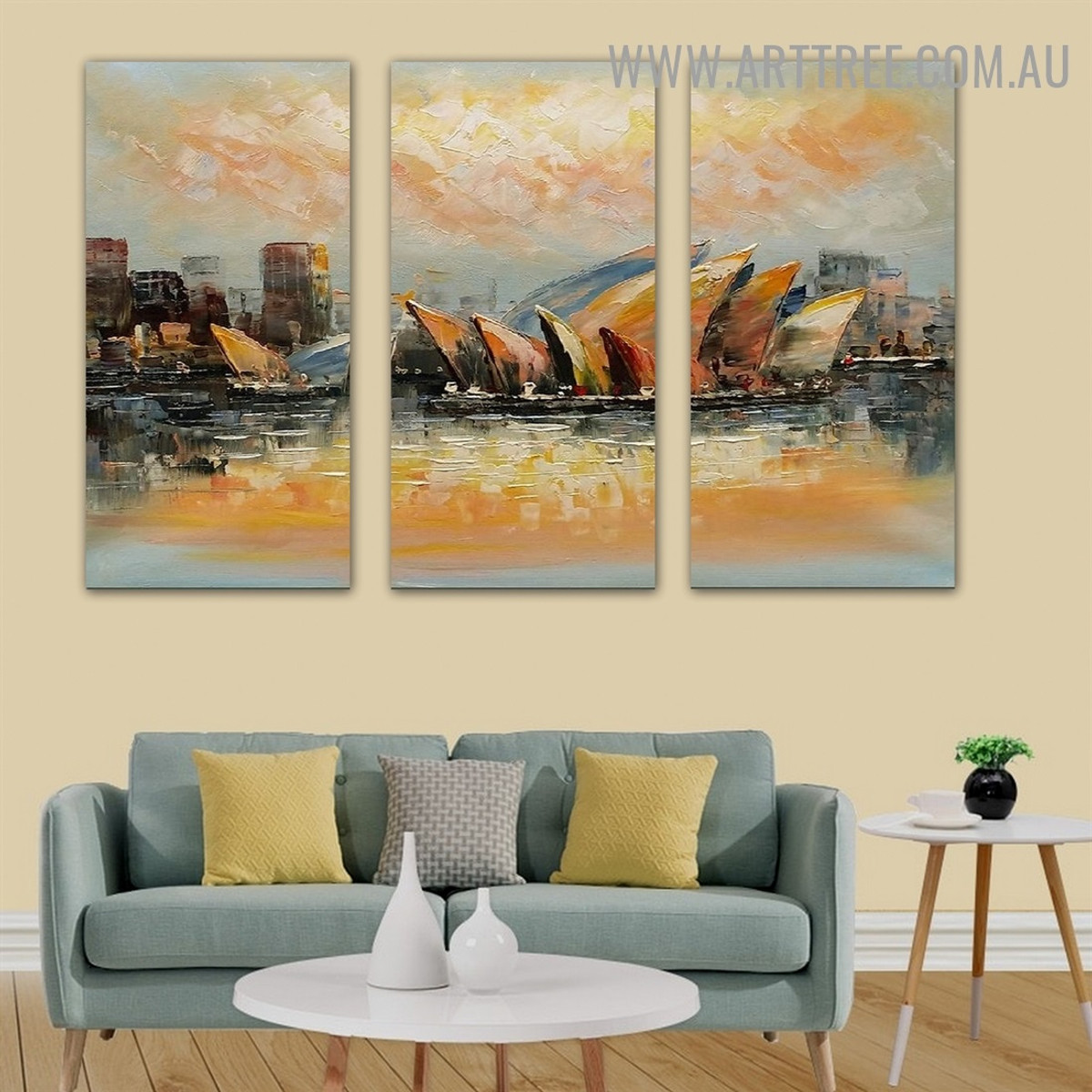 Opera House II City Knife Handmade 3 Piece Split Complementary Painting Wall Art Set for Room Ornament