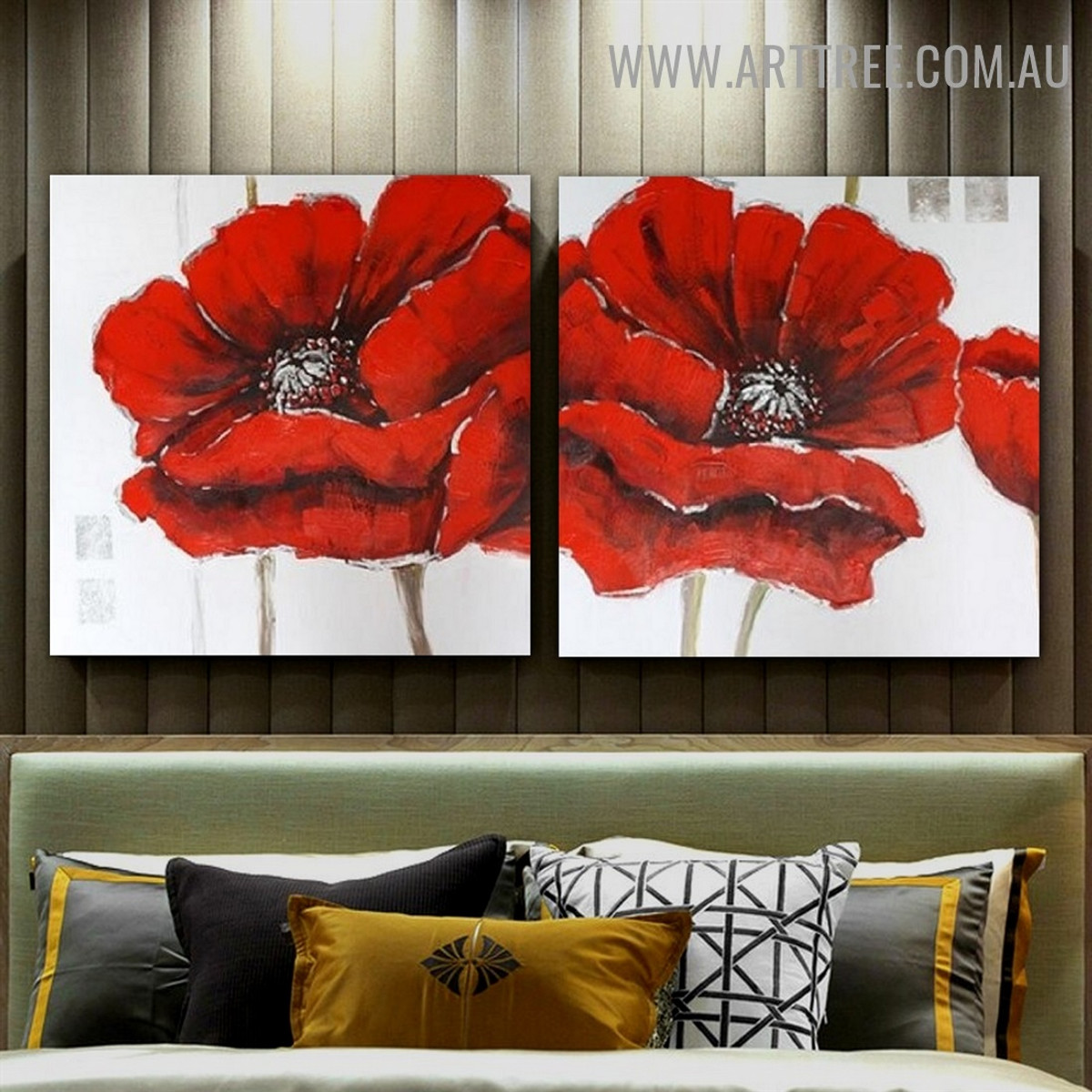 Red Poppy Blossoms Modern 2 Piece Artist Handmade Abstract Canvas Flower Wall Art Set for Room Wall Disposition