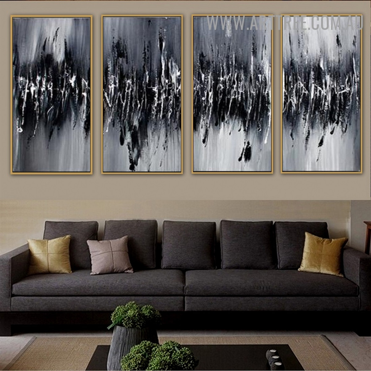 Monochrome Abrasions Abstract Handmade 4 Piece Split Panel Canvas Wall Art Set for Room Wall Tracery