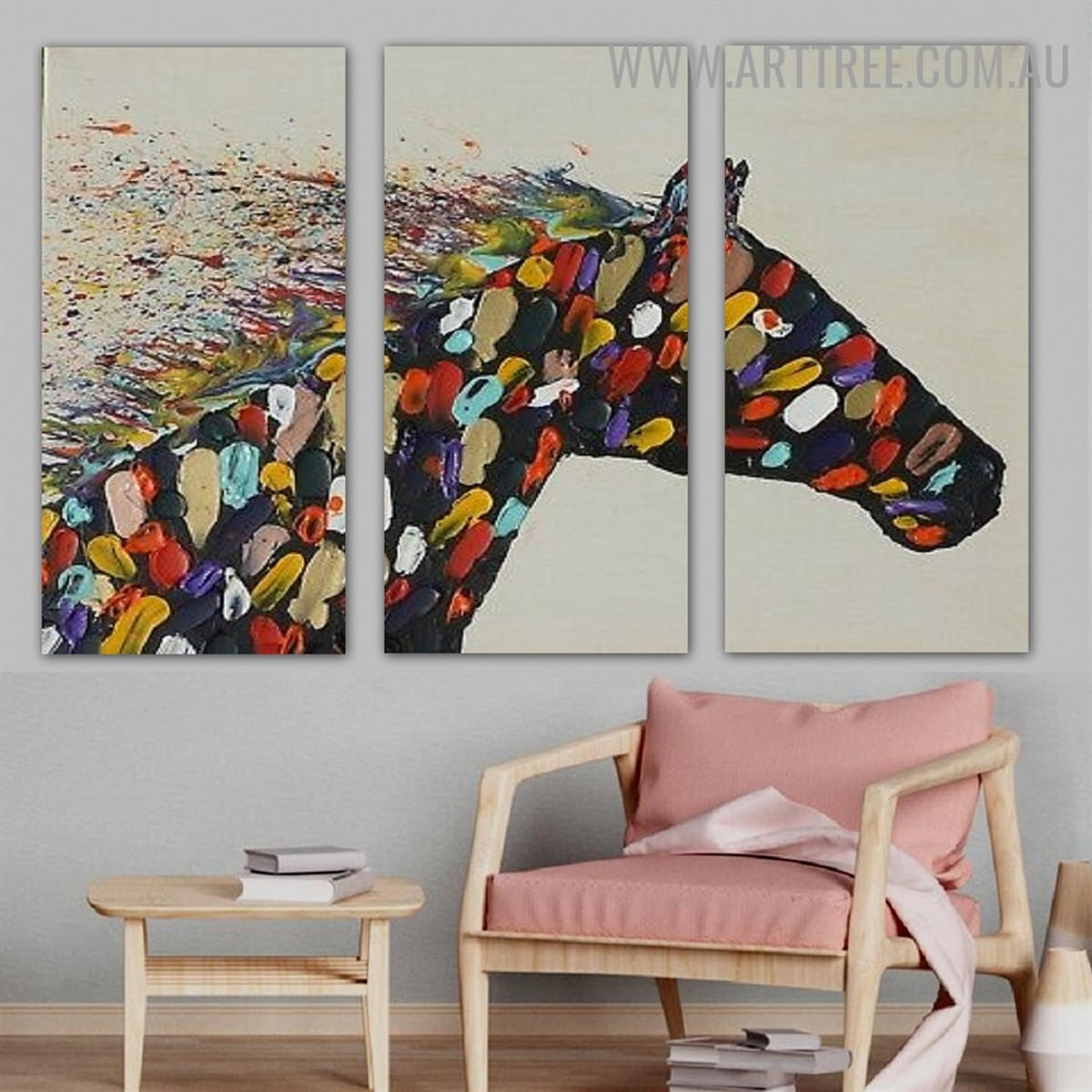 Motley Horse Animal Palette Knife Handmade 3 Piece Multi Panel Wall Art Painting Set for Wall Décor