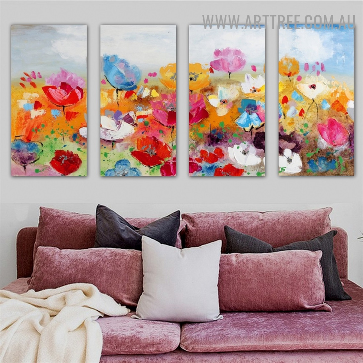 Varicolored Garden Floral Heavy Texture Palette Knife Handmade 4 Piece Split Oil Paintings Wall Art Set for Wall Disposition