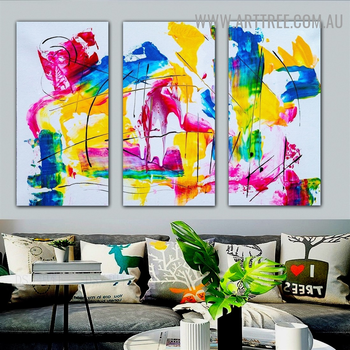 Multicolor Spots Abstract Heavy Texture Handmade 3 Piece Split Panel Canvas Wall Art Set For Room Décor