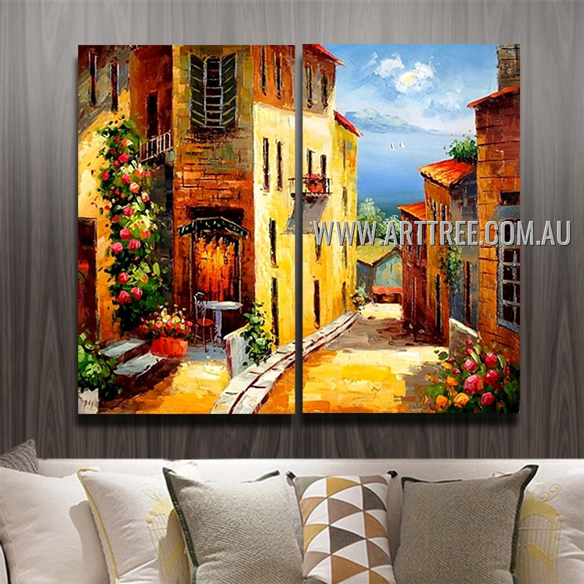 Street To The Sea Cityscape Handmade 2 Piece Split Complementary Painting Wall Art Set For Room Outfit