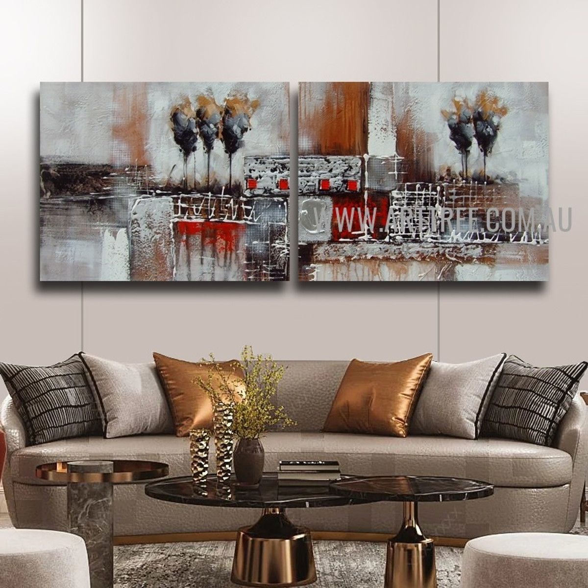 Streak And Spots Abstract Vintage Handmade 2 Piece Split Complementary Painting Wall Art Set For Room Décor