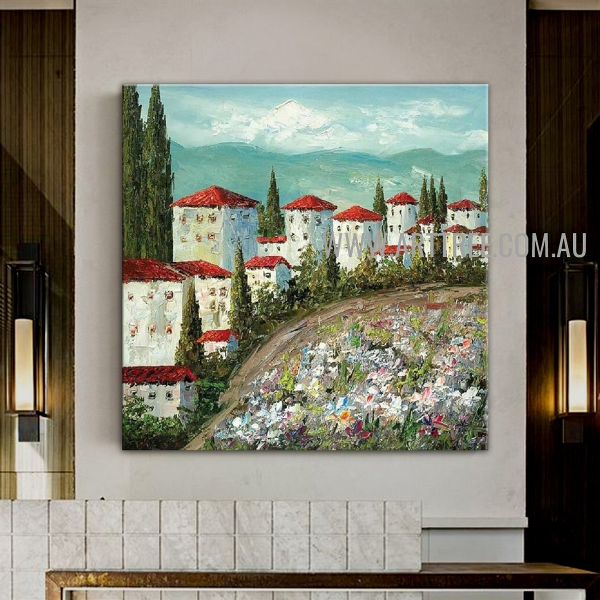 White Buildings Modern Artist Handmade Acrylic Beautiful Scenery Painting On Canvas For Room Wall Assortment