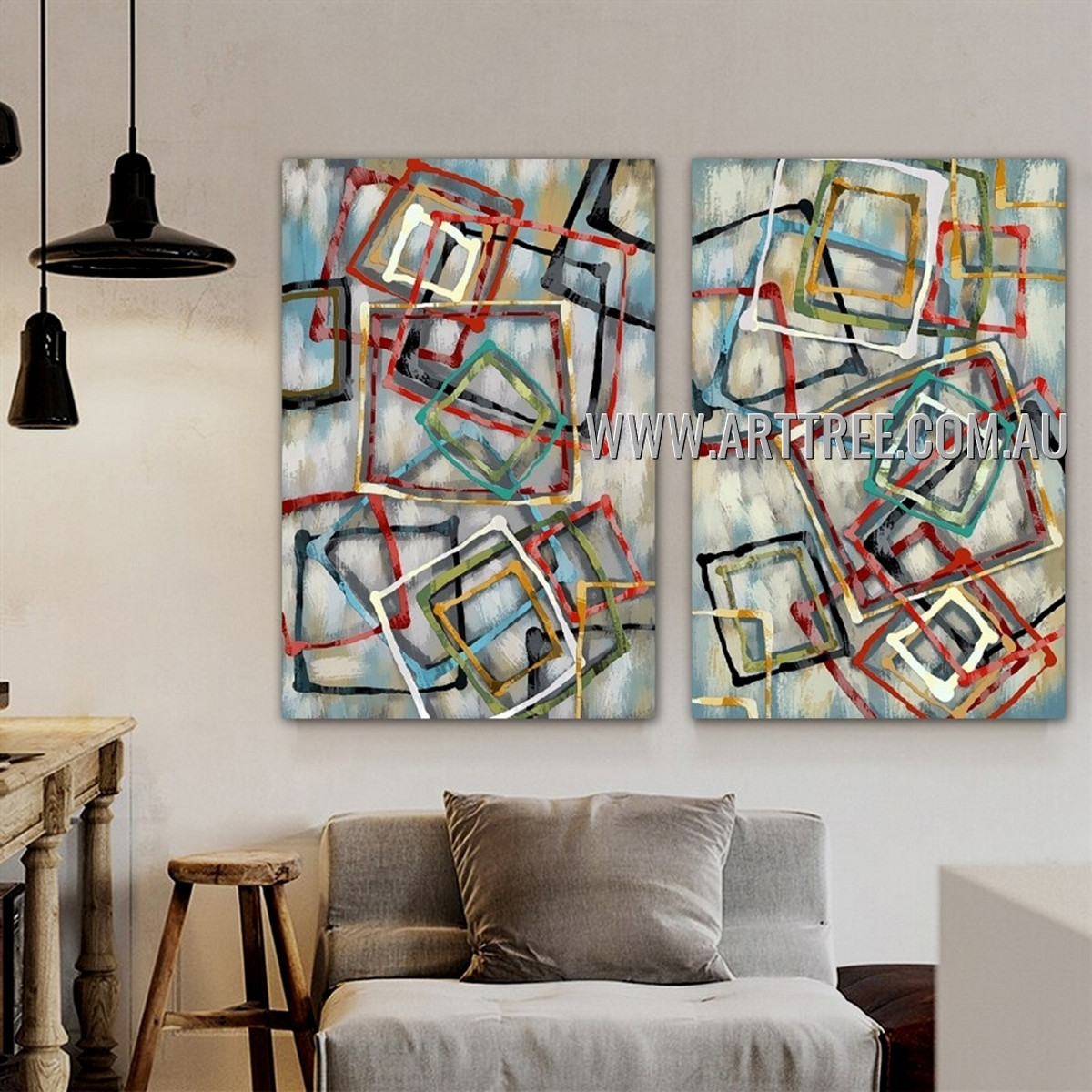 Colorful Square Design Abstract Modern Heavy Texture Artist Handmade Framed 2 Piece Multi Panel Oil Painting Set For Room Decoration