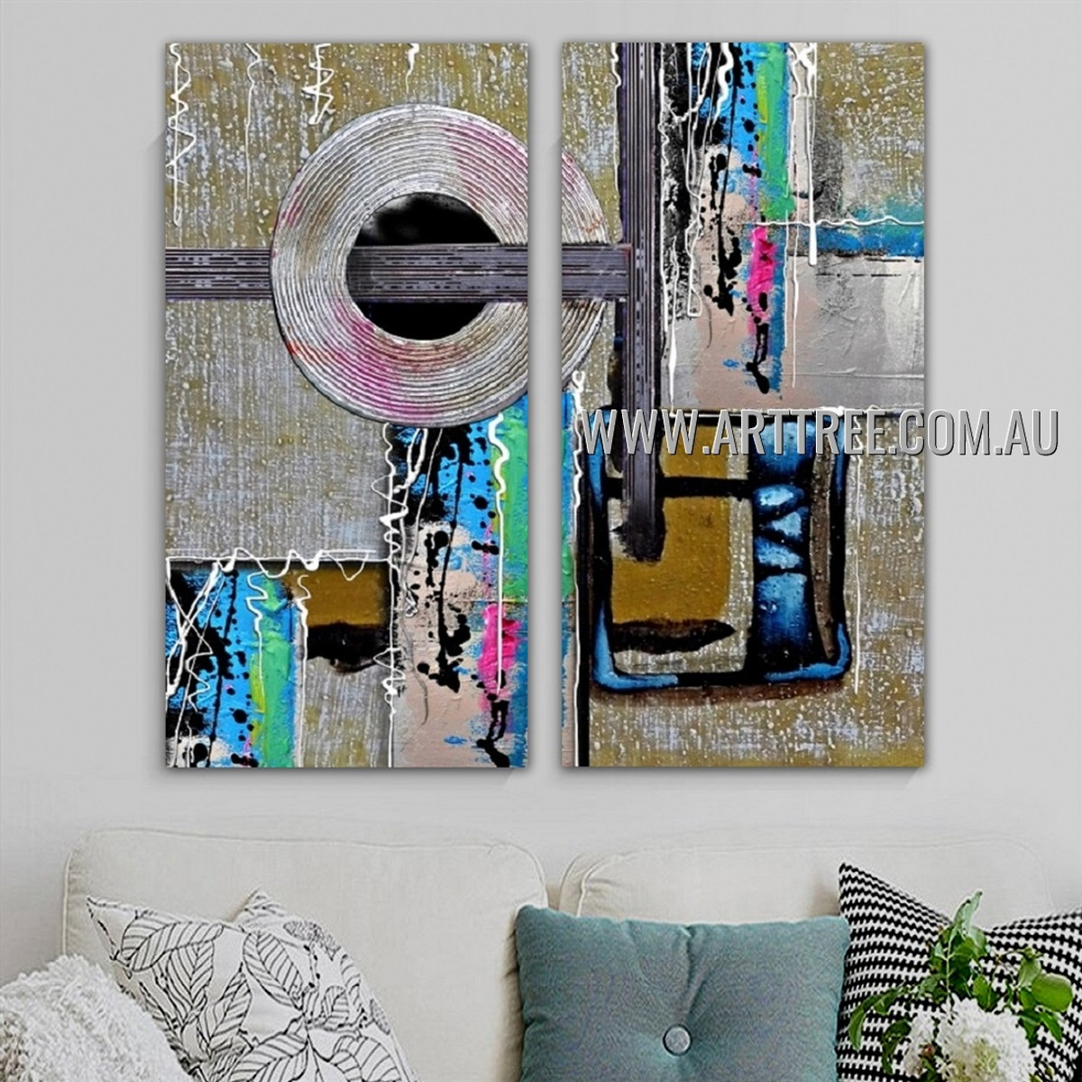 Globose Lines Abstract Modern Artist Handmade 2 Piece Split Canvas Paintings Wall Art Set For Room Wall Décor