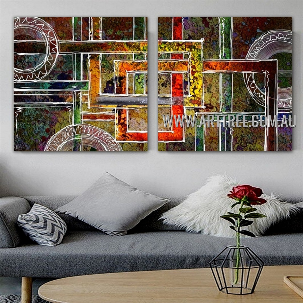 Calico Lineaments Abstract Modern Artist Handmade 2 Piece Split Panel Canvas Wall Art Set For Room Wall Onlay