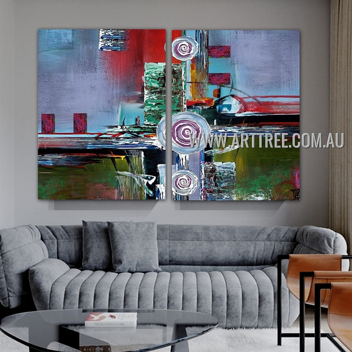 Orbed and Boxes Abstract Modern Artist Handmade Heavy Texture 2 Piece Multi Panel Oil Painting Wall Art Set For Room Wall Getup