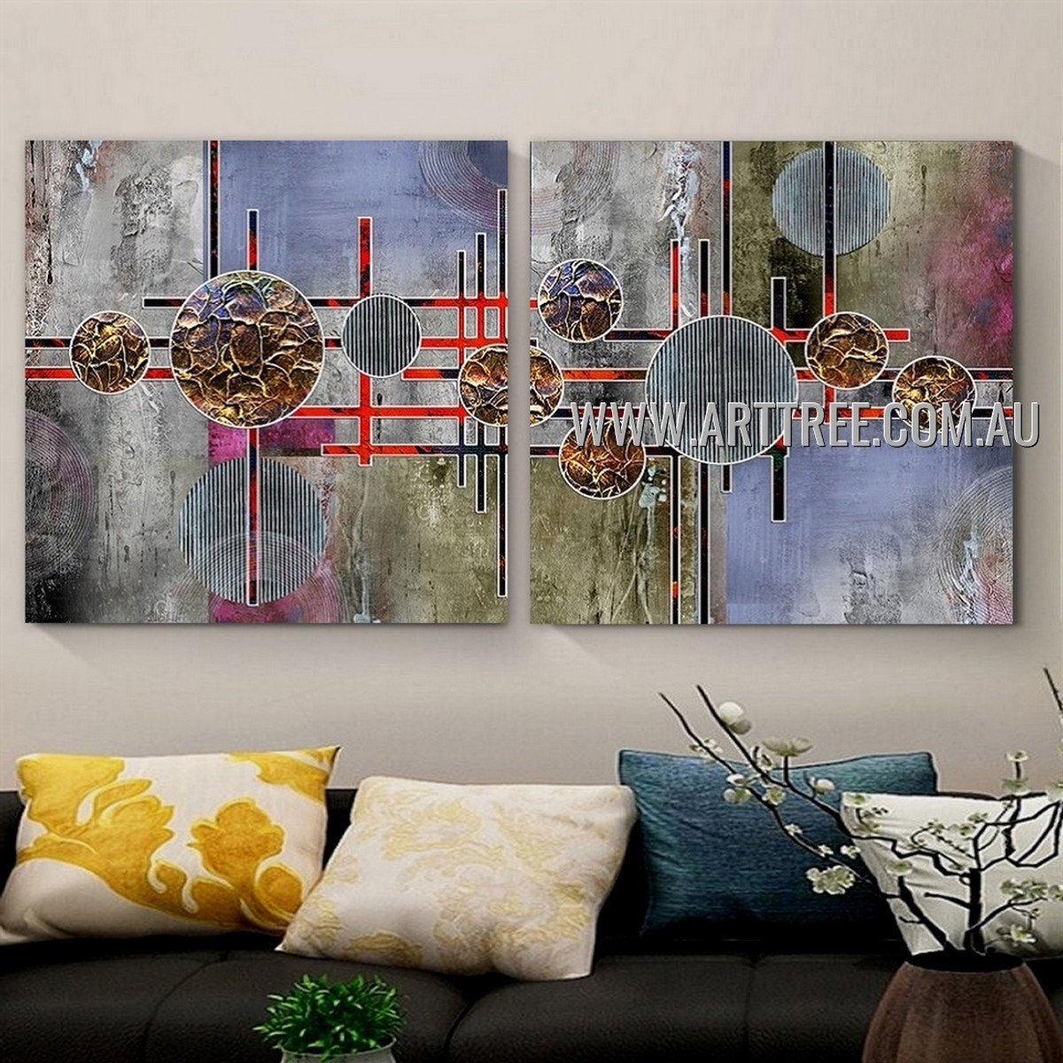 Chromatic Sinuate Abstract Contemporary Artist Handmade 2 Piece Multi Panel Oil Paintings Wall Art Set For Room Wall Moulding