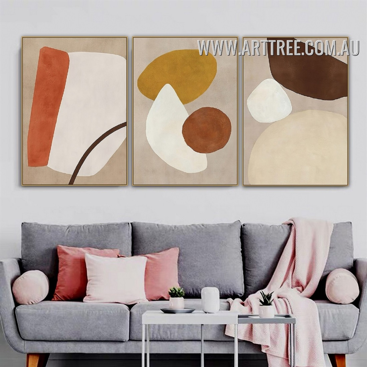 Streak Patches Circles Abstract Geometric Vintage Painting Picture 3 Piece Canvas Print for Room Wall Onlay