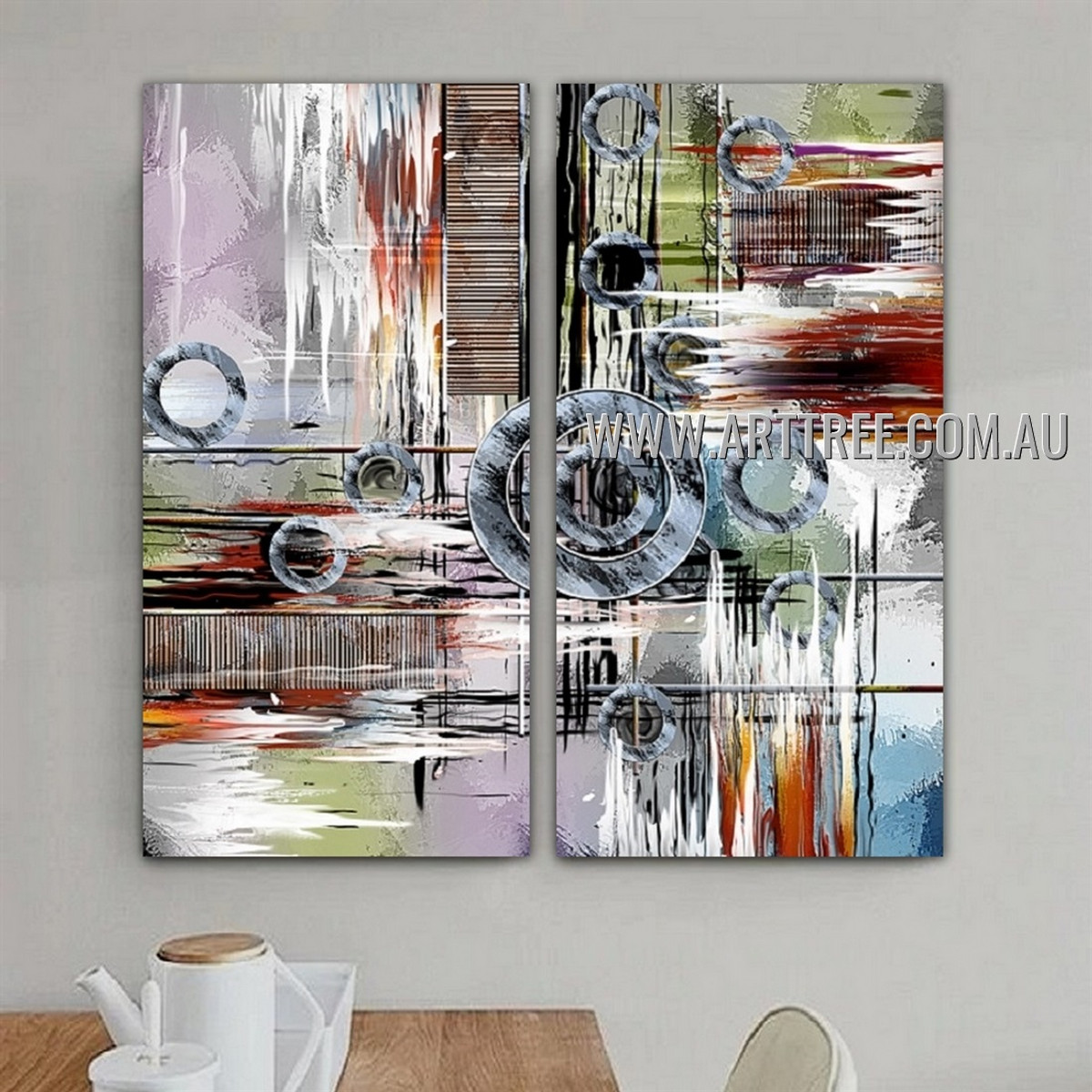 Multicolored Taints Abstract Contemporary Artist Handmade 2 Piece Split Panel Painting Wall Art Set For Room Onlay