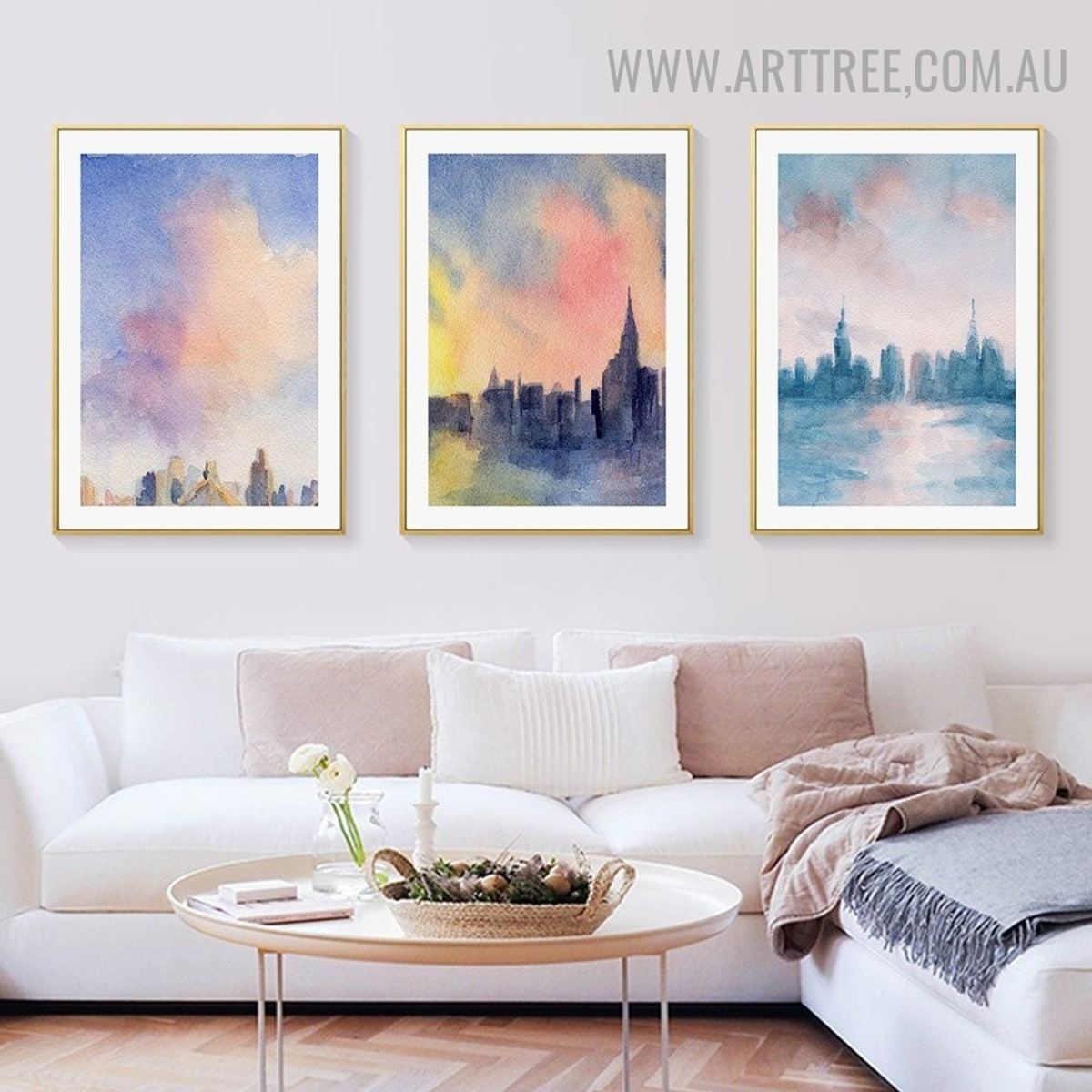 Pile Buildings Watercolor Photo 3 Piece Abstract Landscape Canvas Print Wall Art for Room Outfit