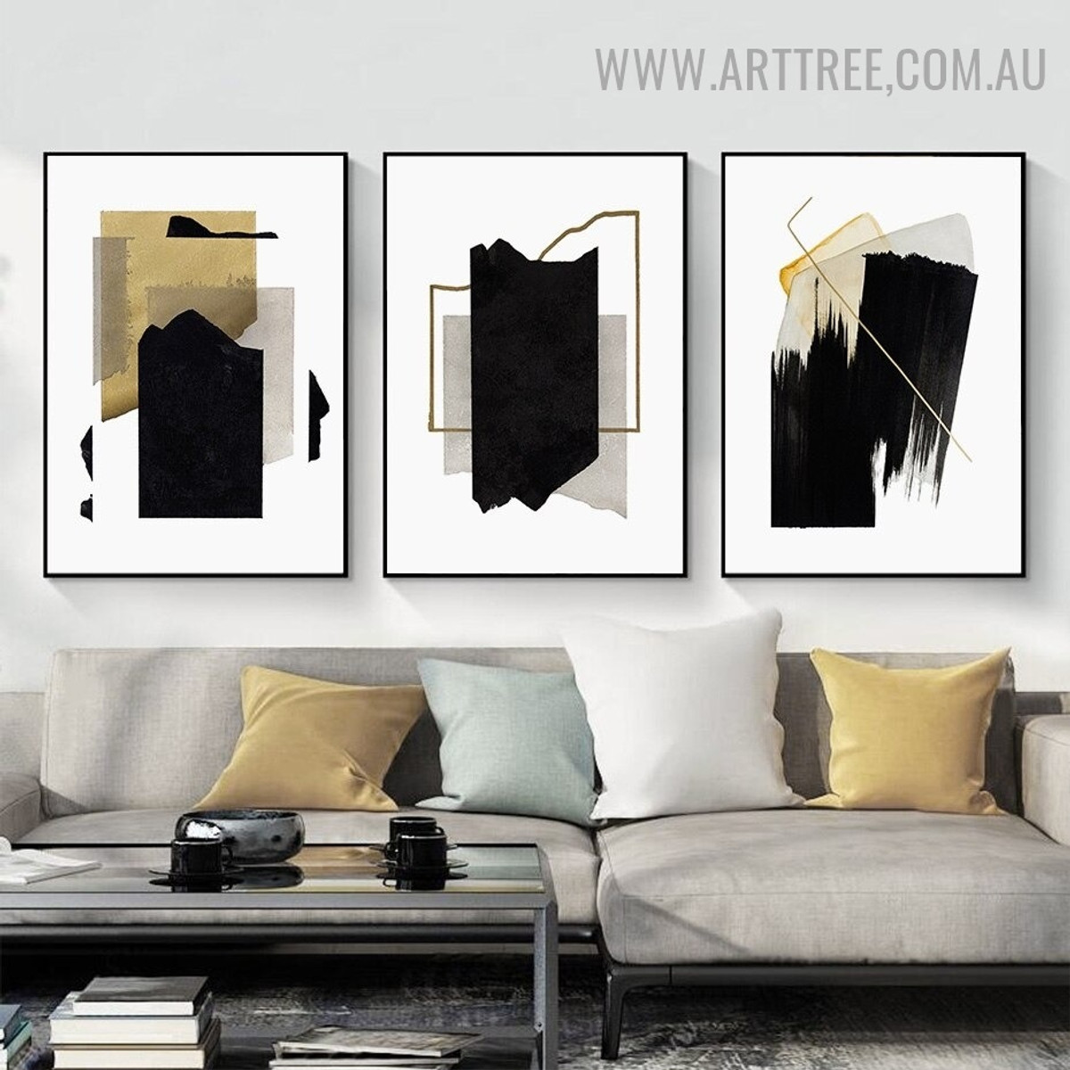 Golden Brush Effect 3 Piece Abstract Vintage Geometric Wall Art Picture Canvas Print for Room Decor