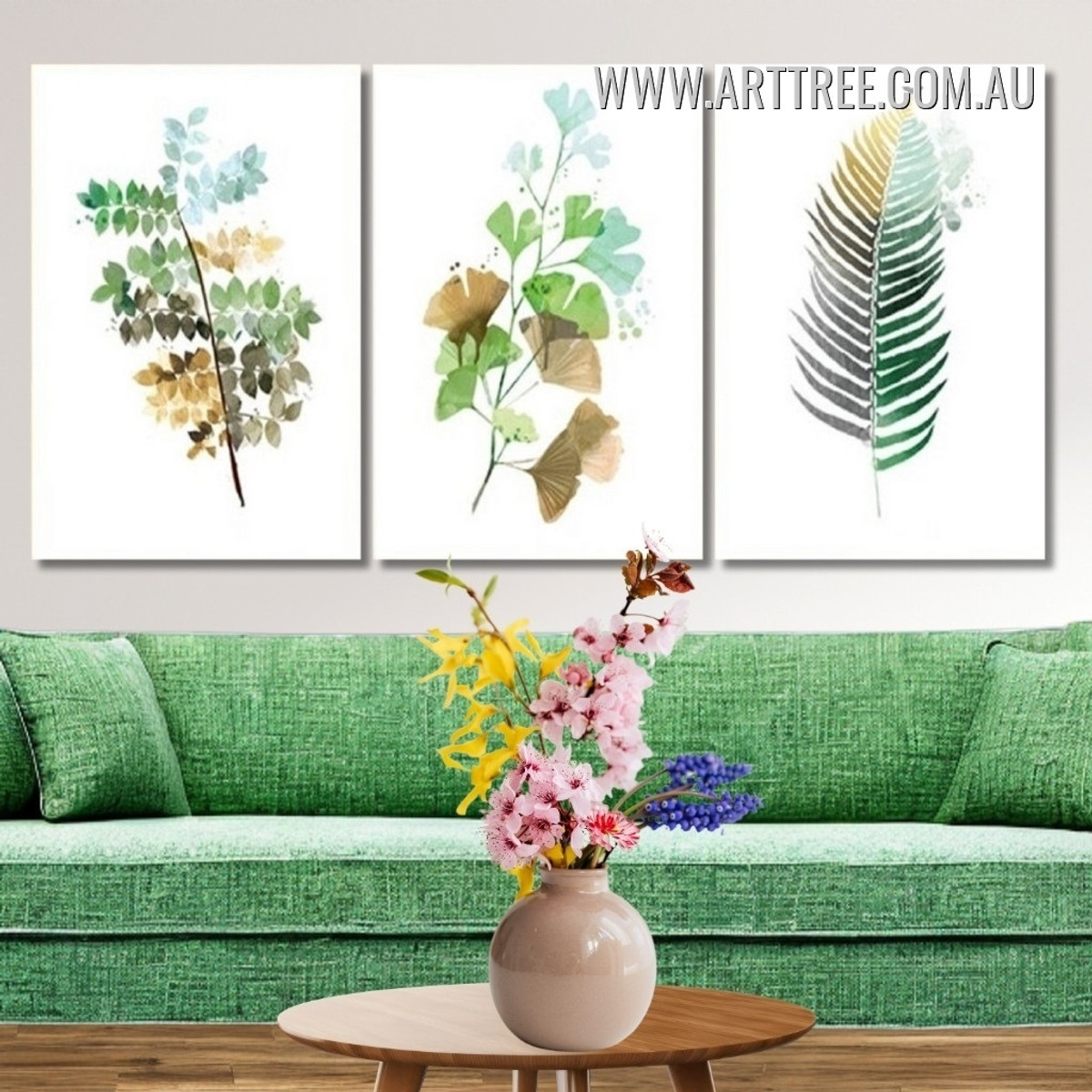 Tropical Palm Foliage Abstract Modern Painting Pic Floral 3 Piece Framed Wall Art Prints Set For Hotel Decoration Design
