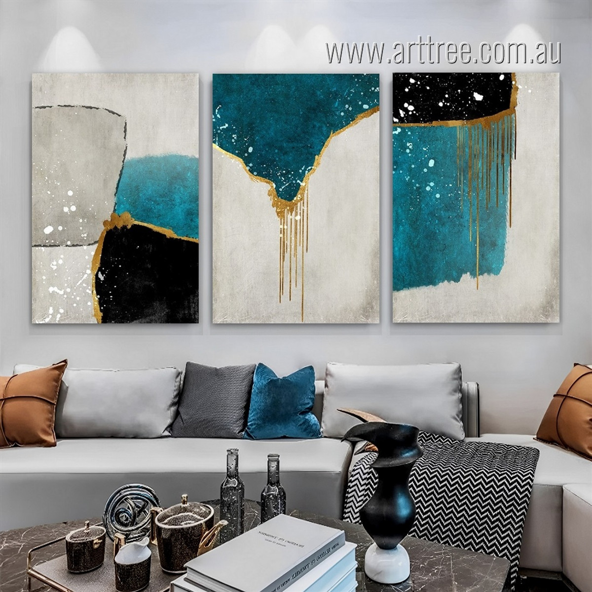 Hued Line Blots Spot Abstract Modern Artwork Photo Geometrical Framed Stretched 3 Piece Canvas Wall Art Prints For Room Outfit