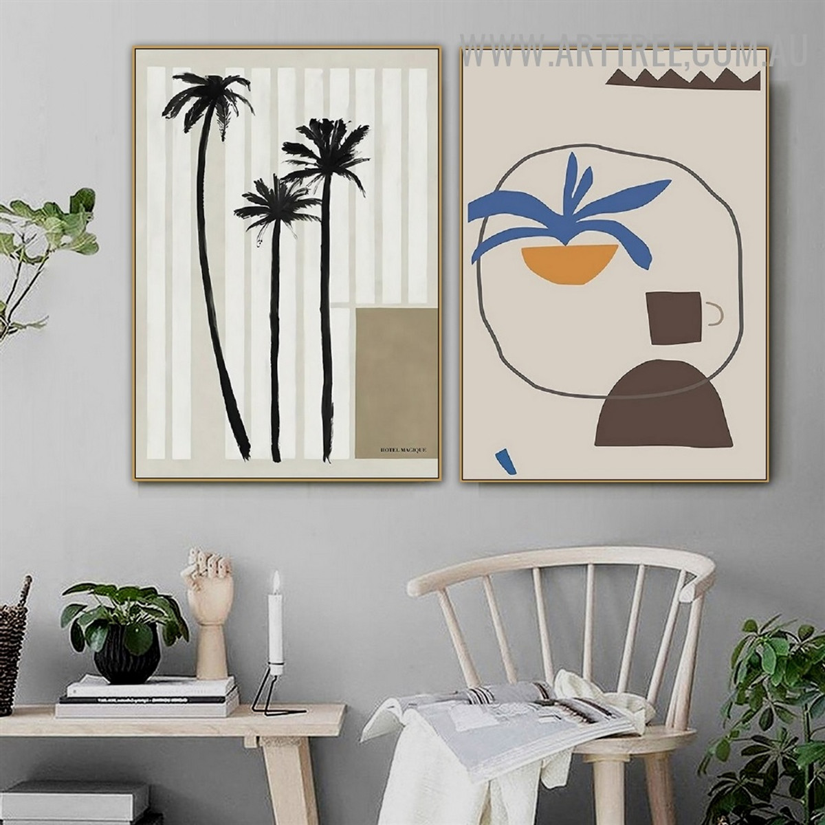 Palm Trees Circle Abstract Floral Scandinavian 2 Piece Painting Image Geometric Canvas Print for Room Wall Garniture