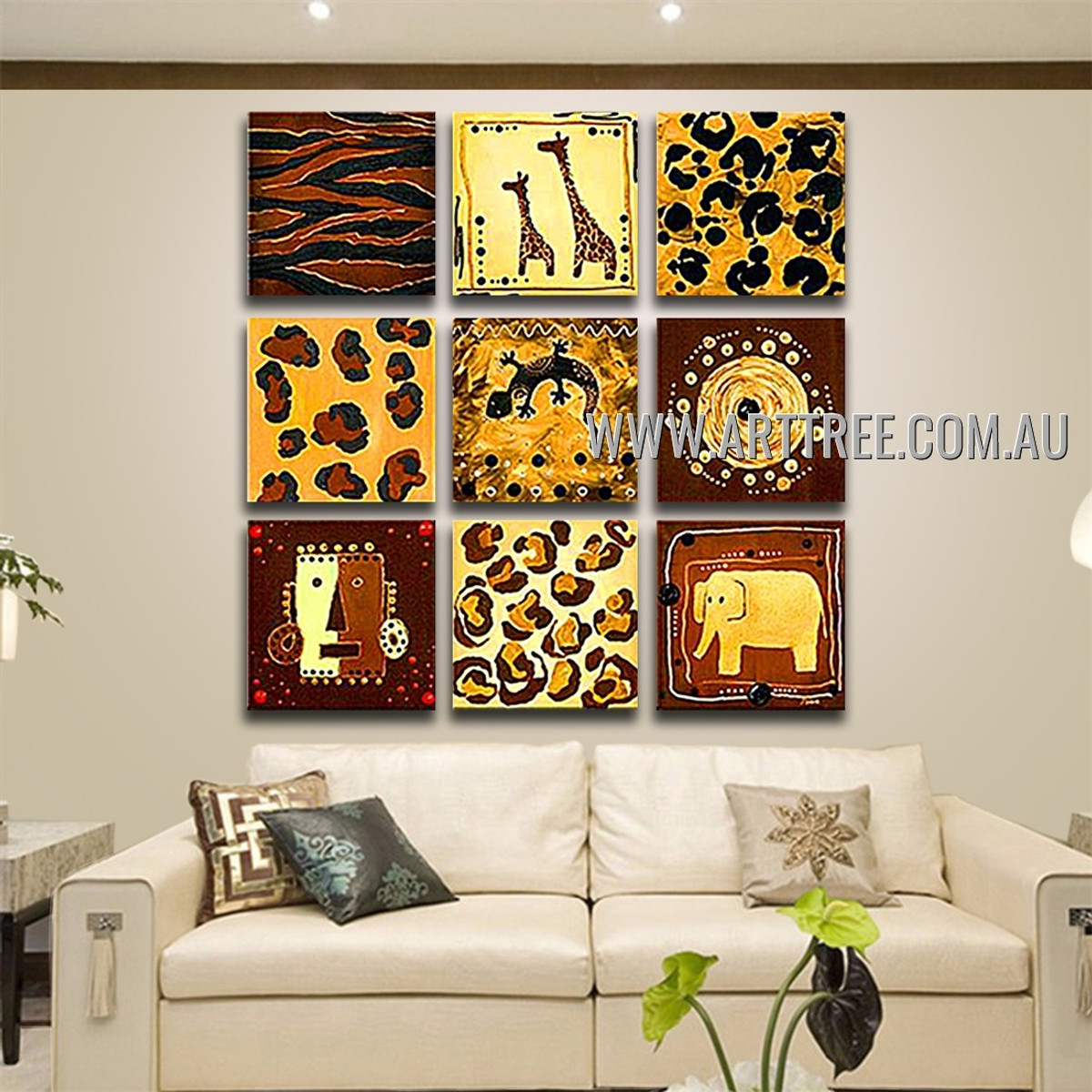 Lizard and Elephant Animal Retro Handmade Artist Heavy Texture 9 Piece Multi Panel Canvas Oil Painting Wall Art Set For Room Getup