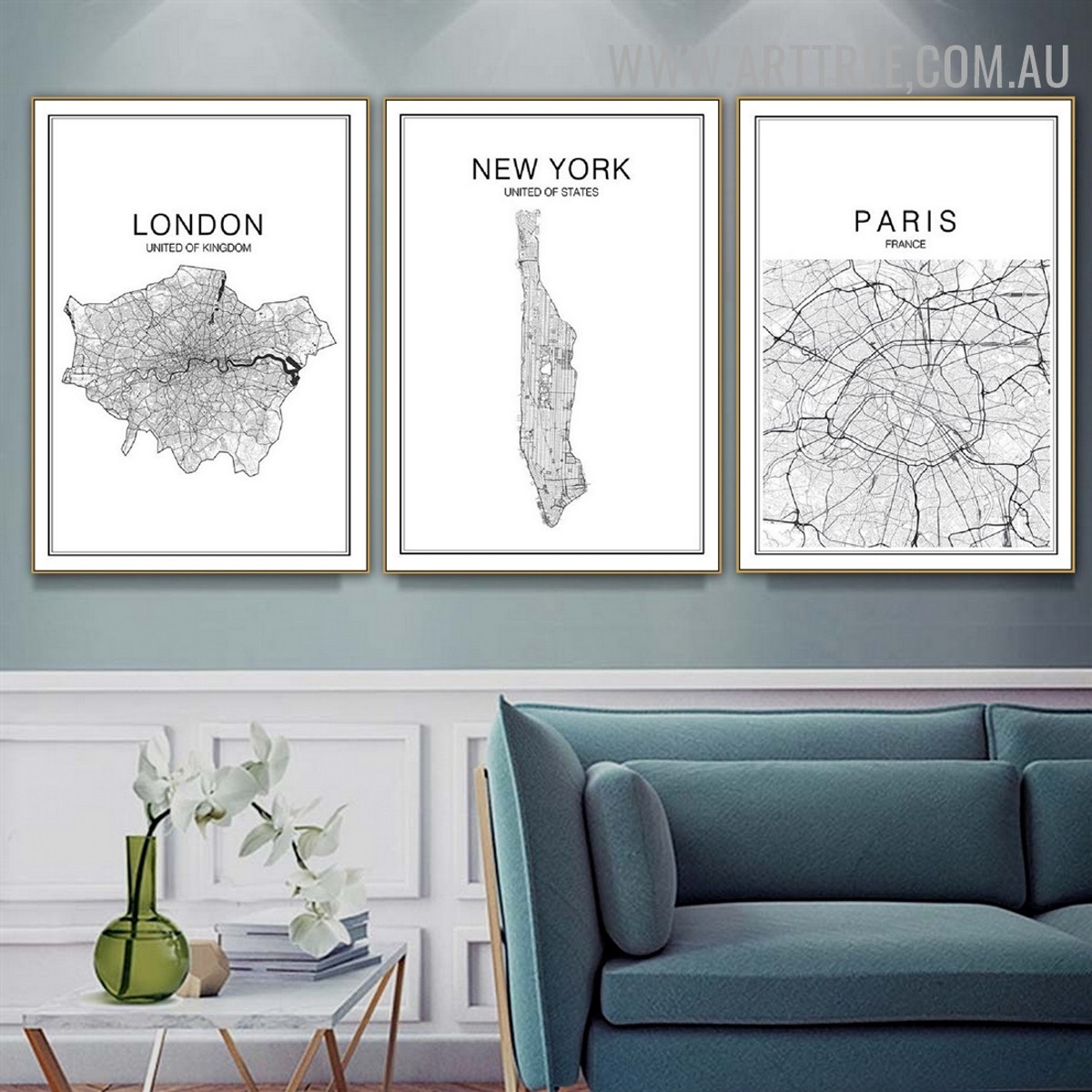 United Of Kingdom Paris 3 Piece Typography Modern Wall Art Picture Abstract Map Canvas Print for Room Assortment