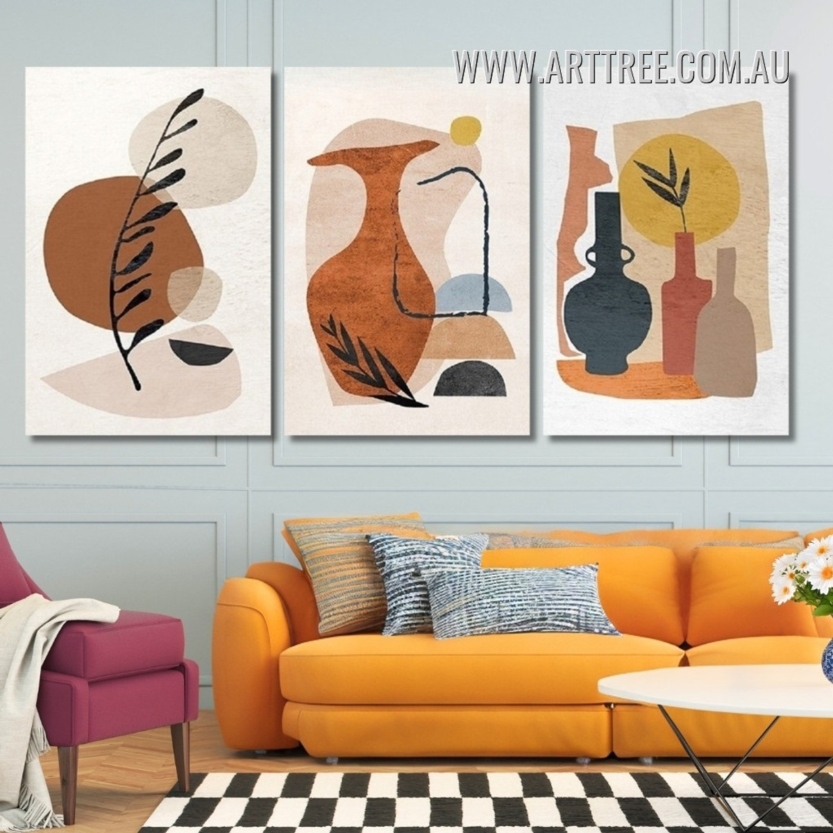 Vase Leaflets Circles Geometric Abstract Scandinavian Painting Image 3 Piece Framed Wall Art Prints Set For Living Room Ideas