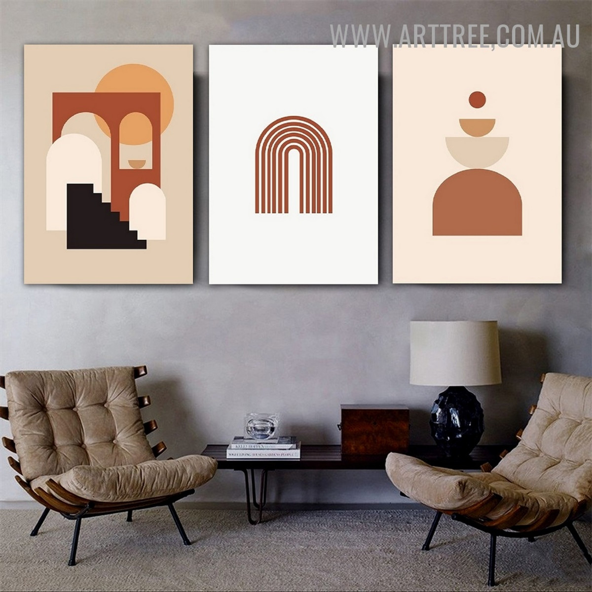 Semi Orb Stairs Curved Lines 3 Piece Abstract Geometrical Artwork Scandinavian Pattern Pic Canvas Print for Room Wall Getup