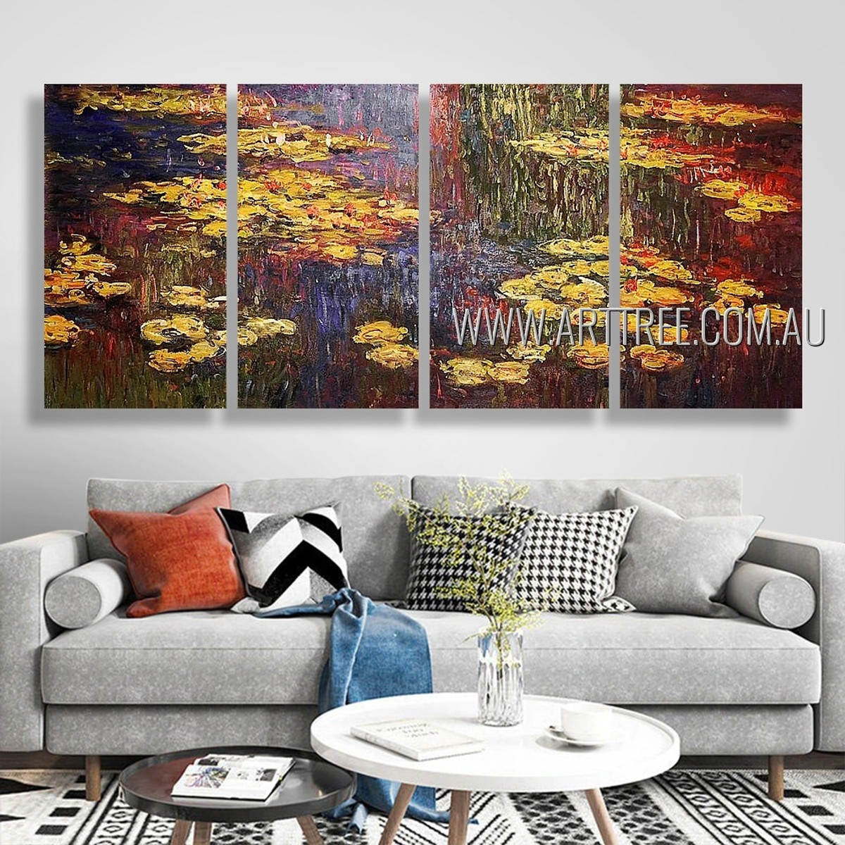 Water Lilies Landscape Vintage Heavy Texture Handmade 4 Piece Split Canvas Paintings Wall Art Set For Room Disposition