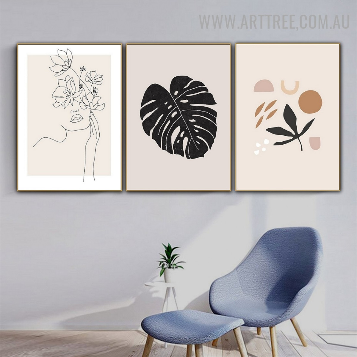 Palm Leafage Sphere Flowers Geometric Scandinavian 3 Piece Abstract Art Picture Canvas Print for Room Wall Adornment