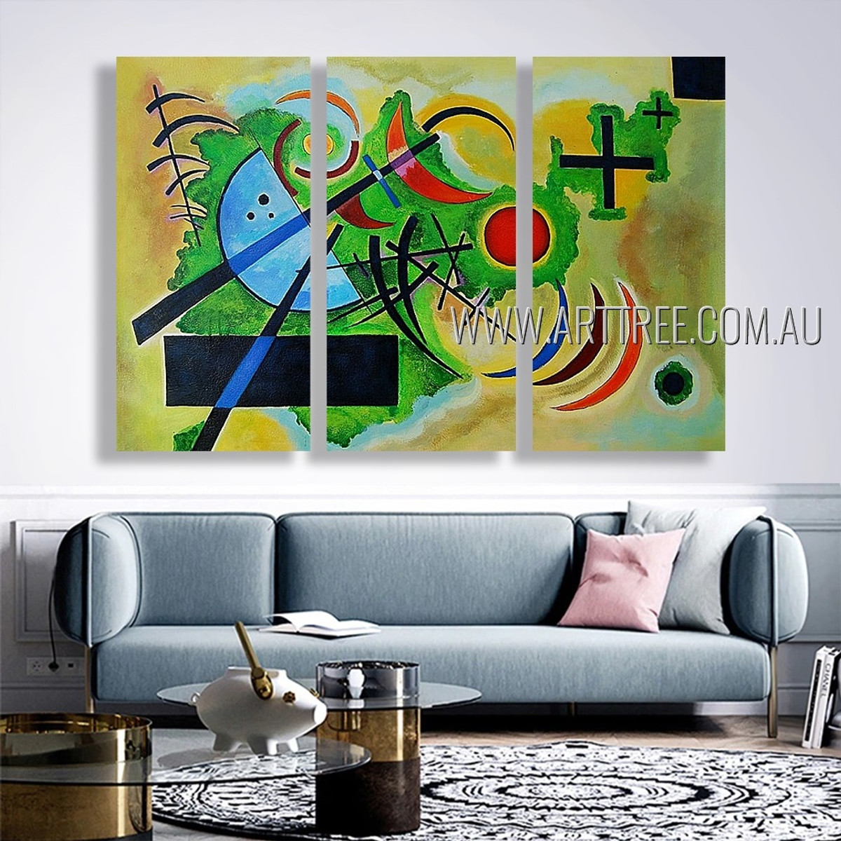 Solid Green Abstract Reproduction Artist Handmade 3 piece Modern Artwork For Room Tracery