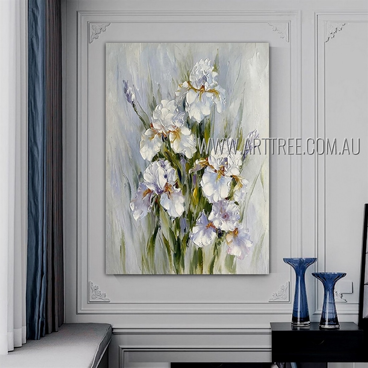 White Irises Floral Abstract Heavy Texture Artist Handmade Flowers Painting For Room Decor