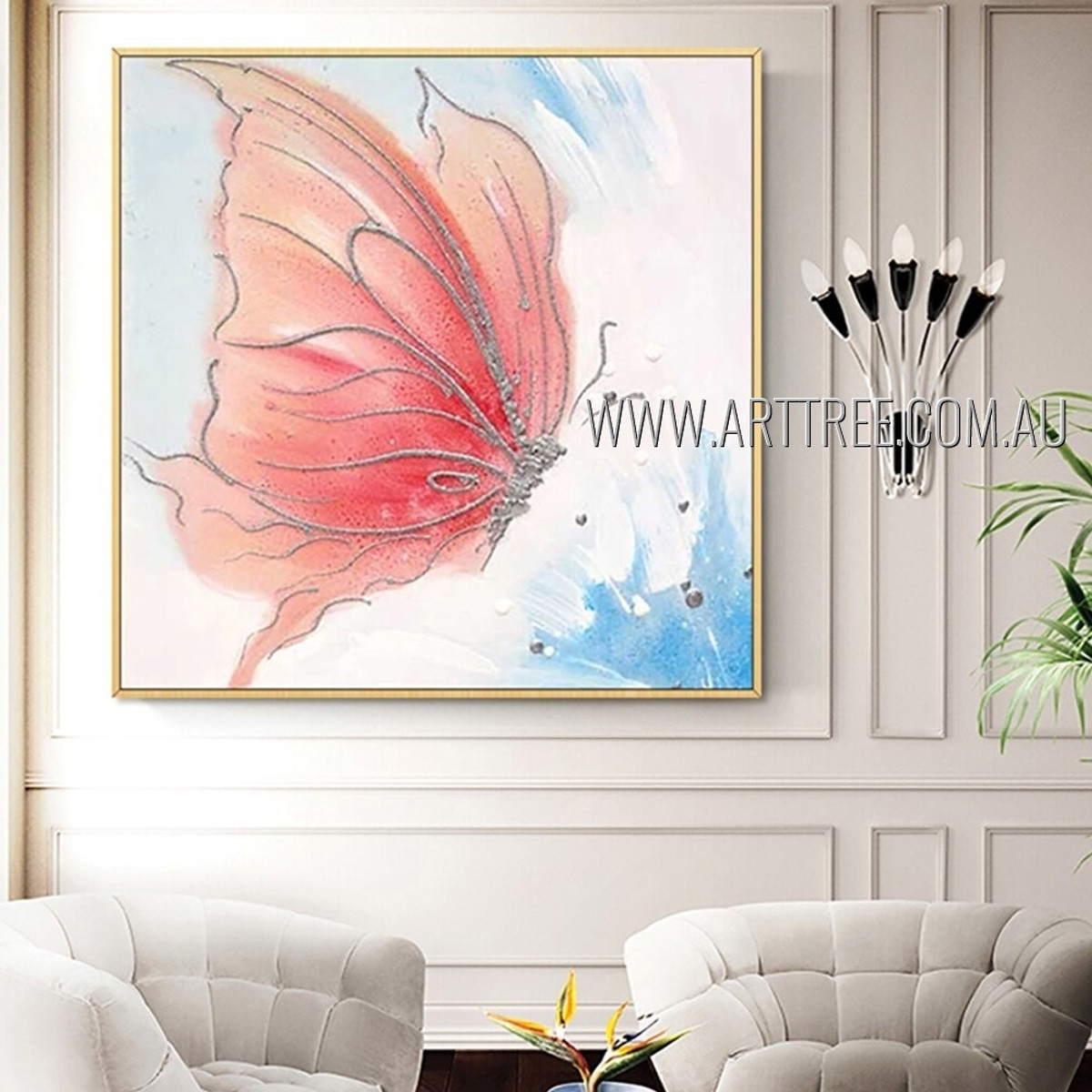 Pink Butterfly Animal Insect Heavy Texture Artist Handmade Modern Artwork For Room Wall Moulding