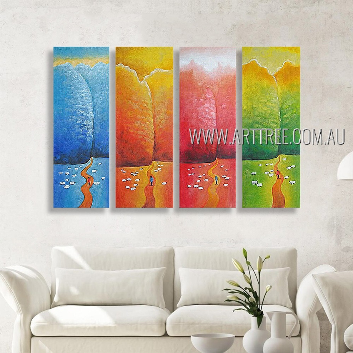 Colorful Hills Animal Landscape Modern Heavy Texture Artist Handmade 4 Piece Multi Panel Canvas Oil Painting Wall Art Set For Room Ornament