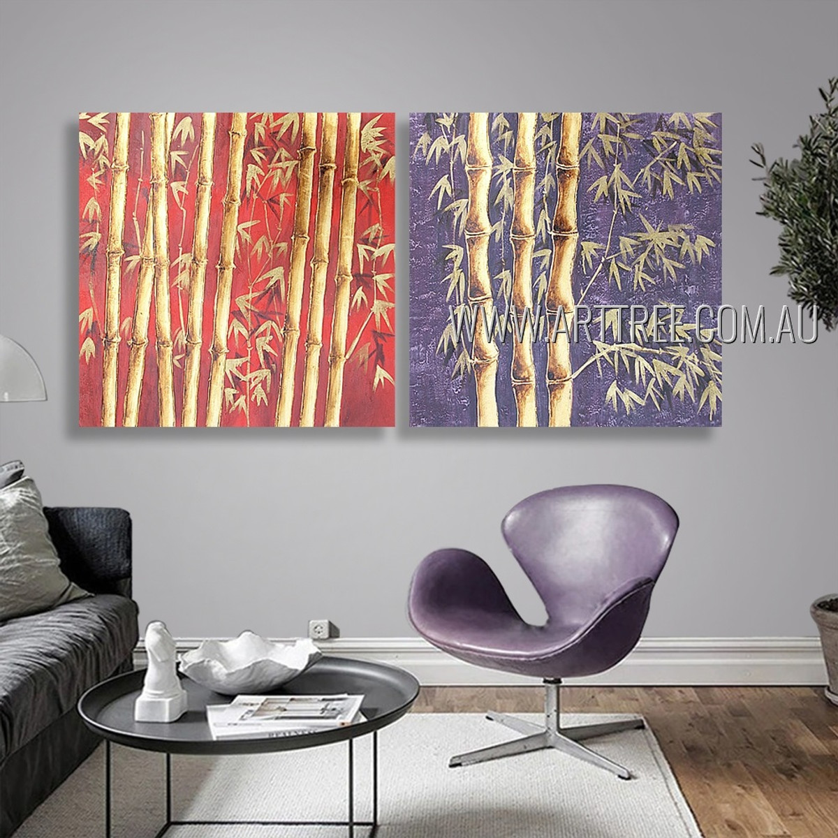 Bamboo Trees Botanical Modern Heavy Texture Artist Handmade 2 Piece Multi Panel Oil Paintings Wall Art Set For Room Adornment