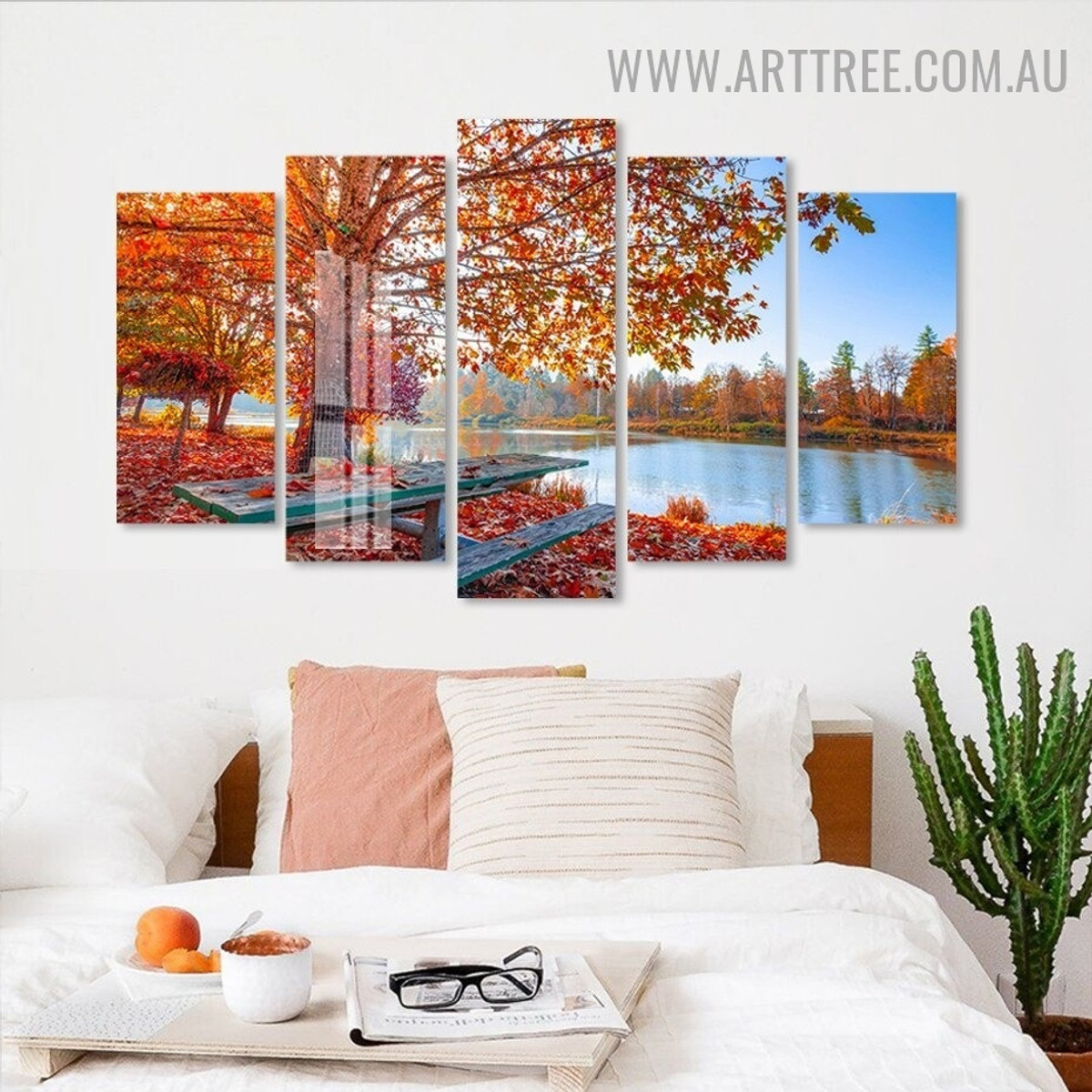 River Trees Water Naturescape Floret 5 Piece Multi Panel Image Modern Canvas Painting Print for Room Wall Outfit