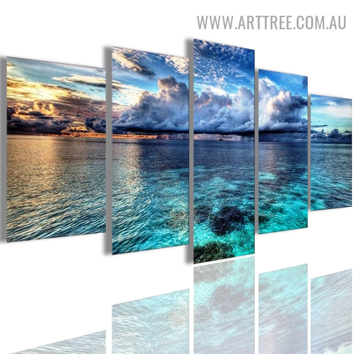 Blue Ocean Water Waves Modern 5 Multi Panel Naturesape Image Canvas Painting Print for Room Wall Ornament