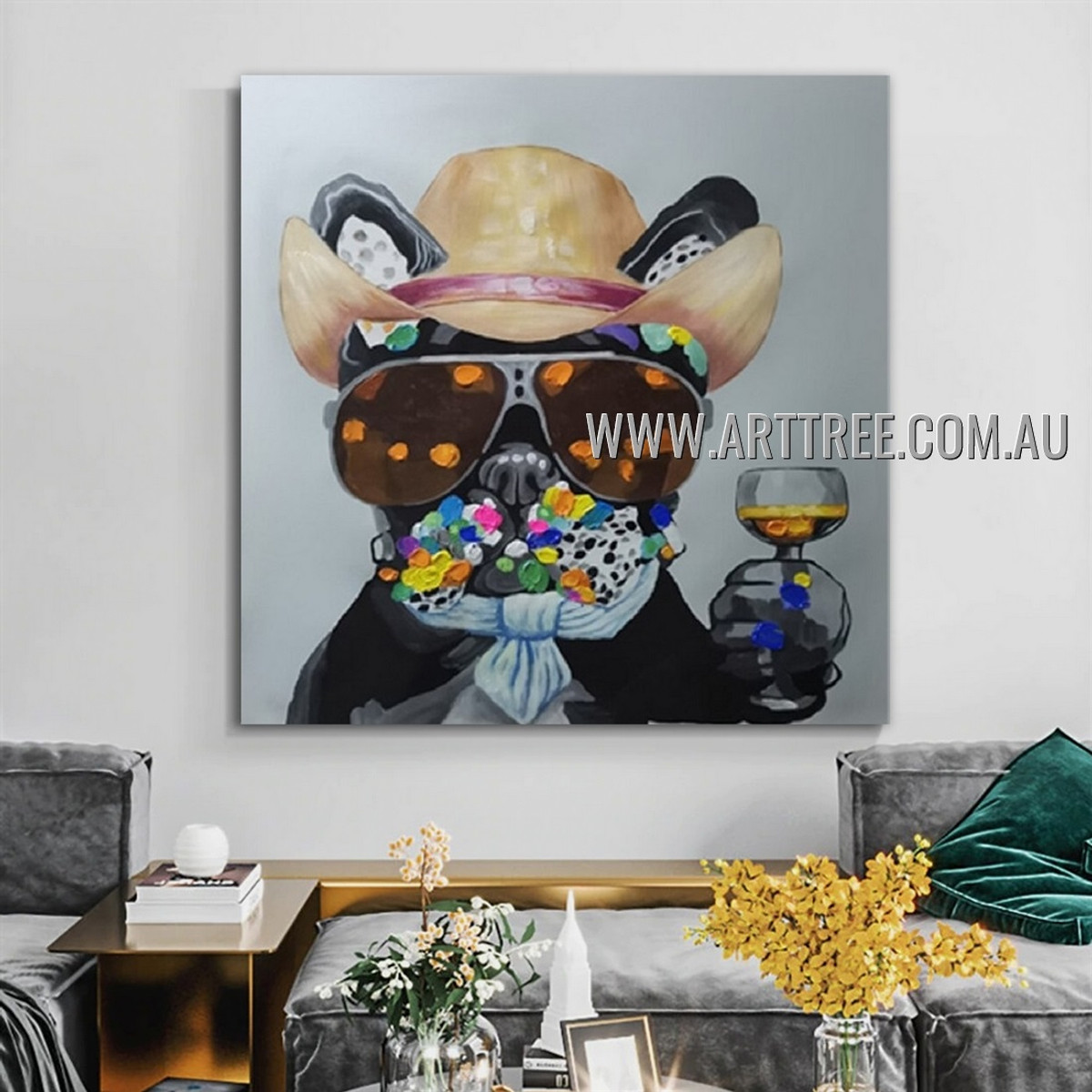 Dog with Hat Animal Heavy Texture Artist Handmade Modern Artwork Painting for Room Adornment