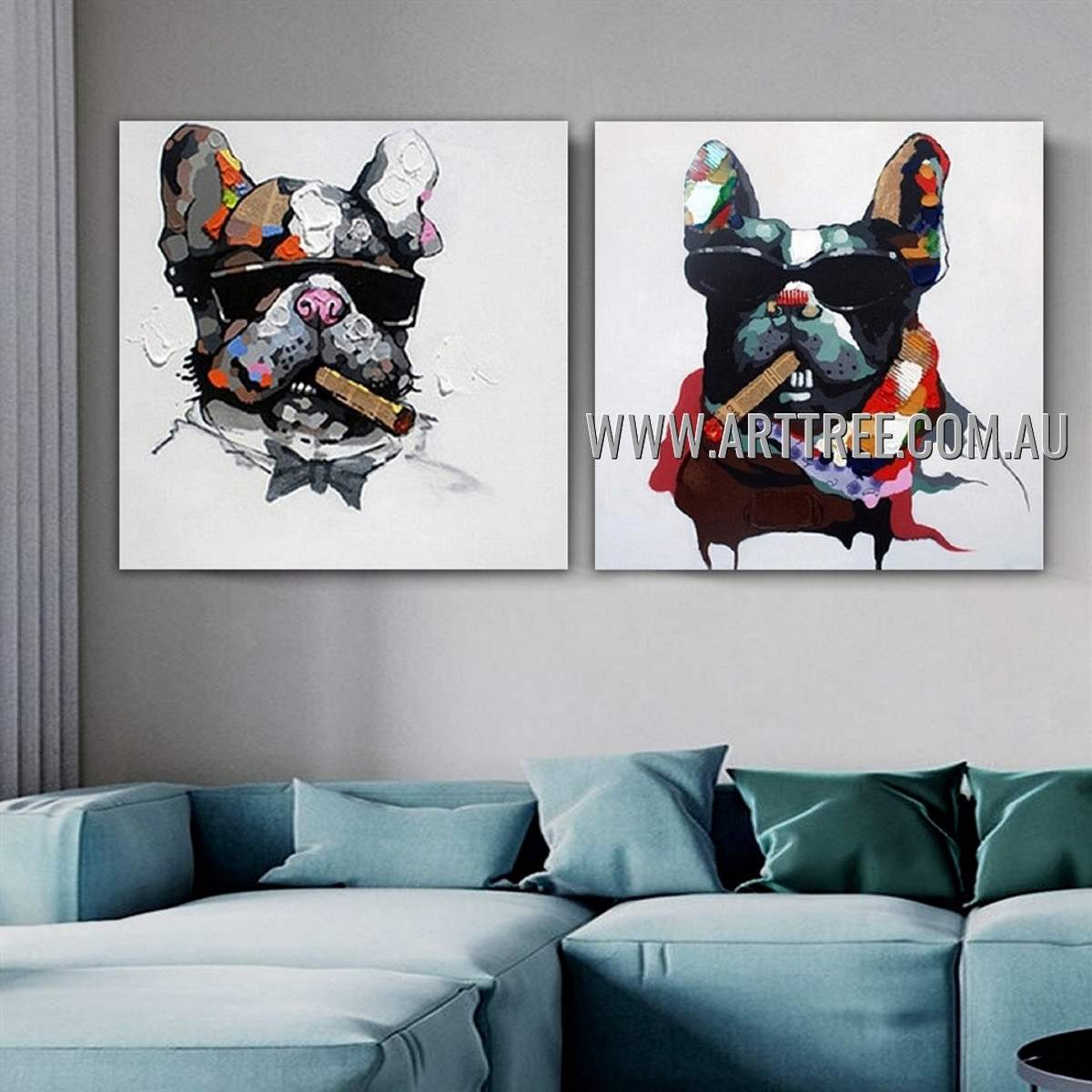 Pooch Cigar Mafia Animal Modern Heavy Texture Artist Handmade 2 Piece Multi Panel Canvas Oil Painting Wall Art Set For Room Adornment