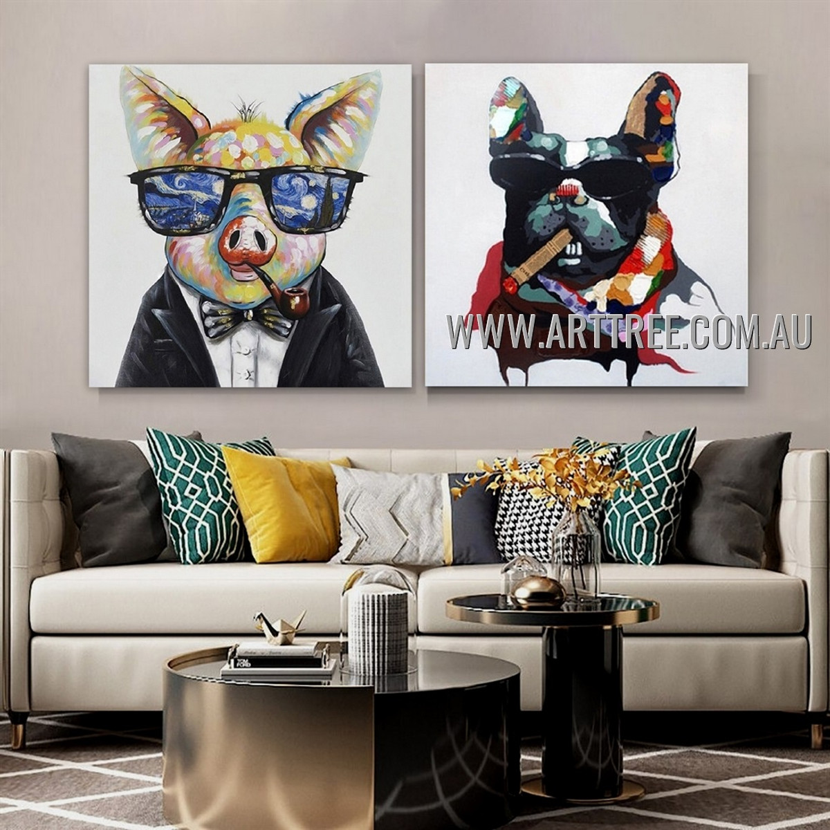 Gentlemen Pig Dog Contemporary Animal Artist Handmade Heavy Texture 2 Piece Multi Panel Wall Art Set Painting for Room Ornament