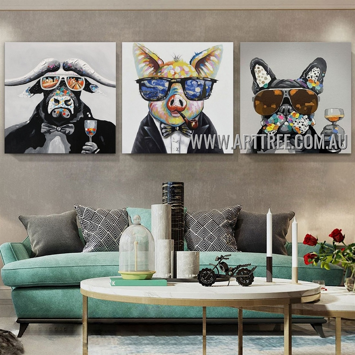 Dapper Beast Animal Contemporary Artist Handmade Heavy Texture 3 Piece Multi Panel Canvas Painting Wall Art Set for Room Garnish