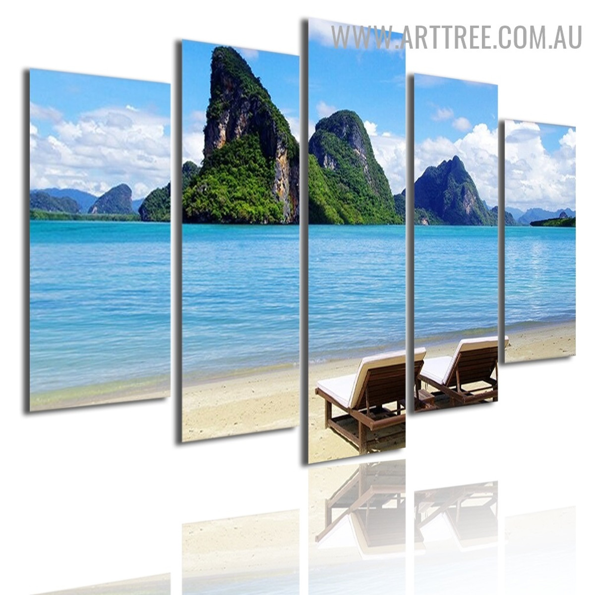 Sea Coast Mountains Naturescape Modern 5 Piece Large Size Artwork Image Canvas Print for Room Wall Getup