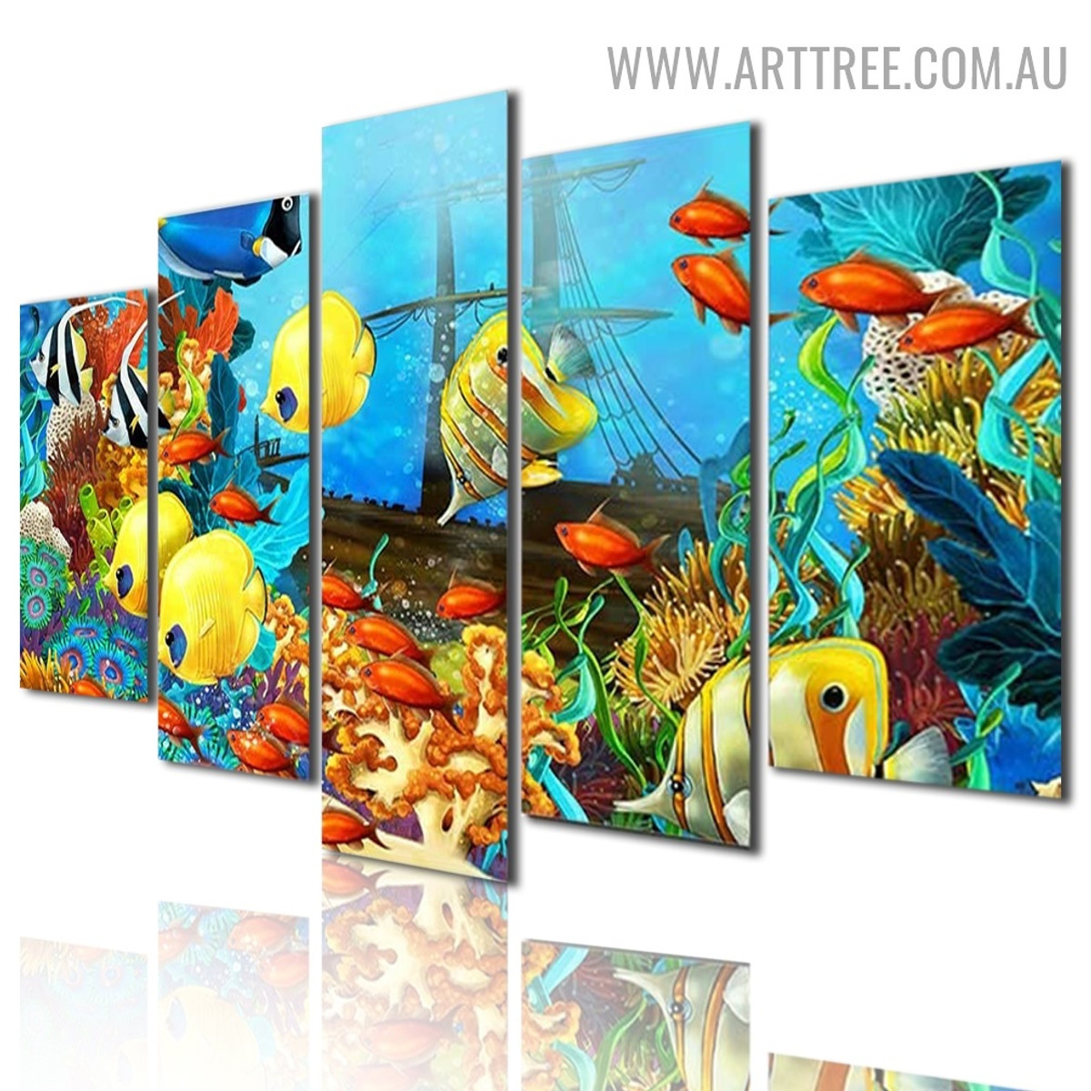 Ocean Fishes Water Animal Modern 5 Piece Over Size Naturescape Artwork Image Canvas Print for Room Wall Assortment