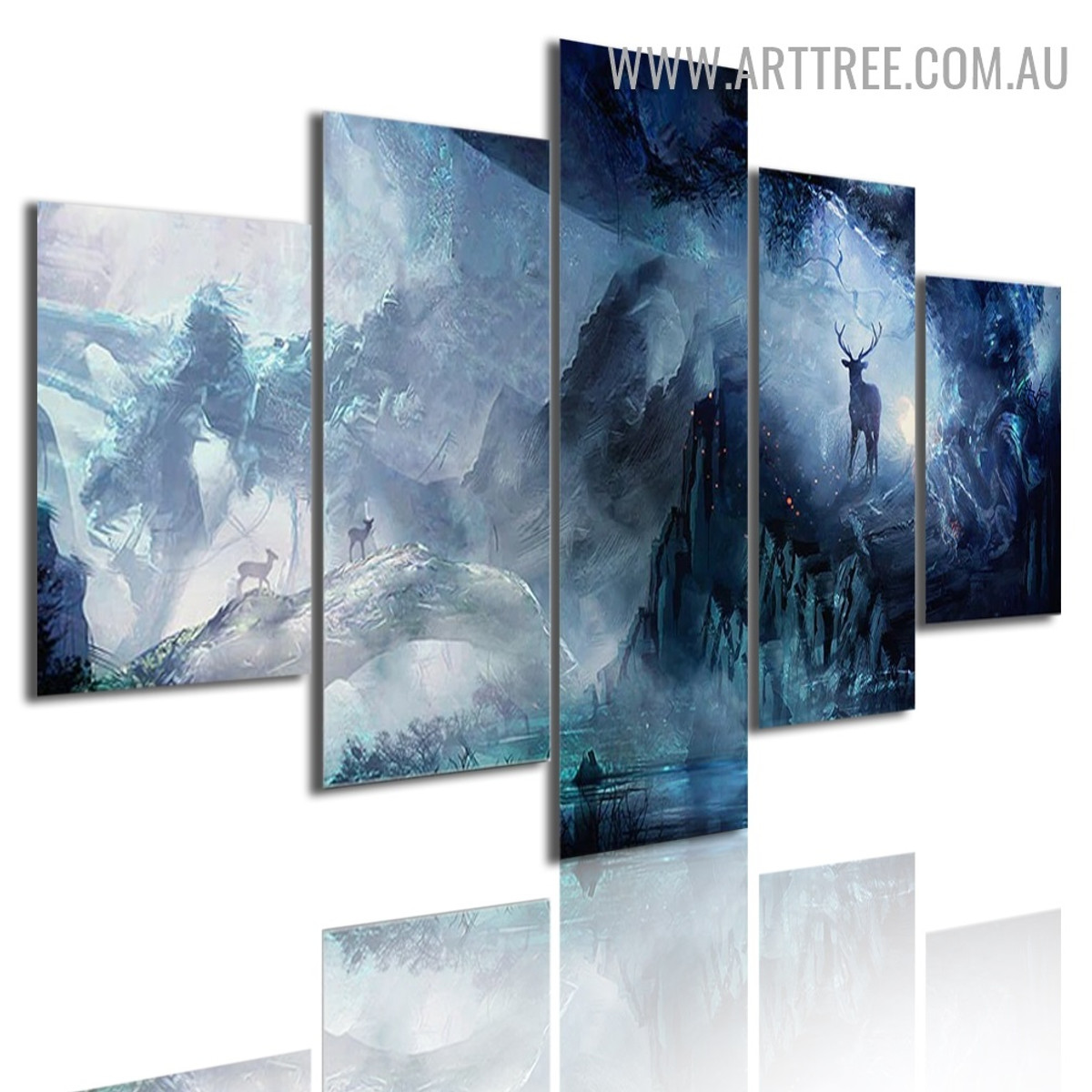 Deer Mountains Landscape Modern 5 Piece Multi Panel Animal Image Canvas Painting Print for Room Wall Molding