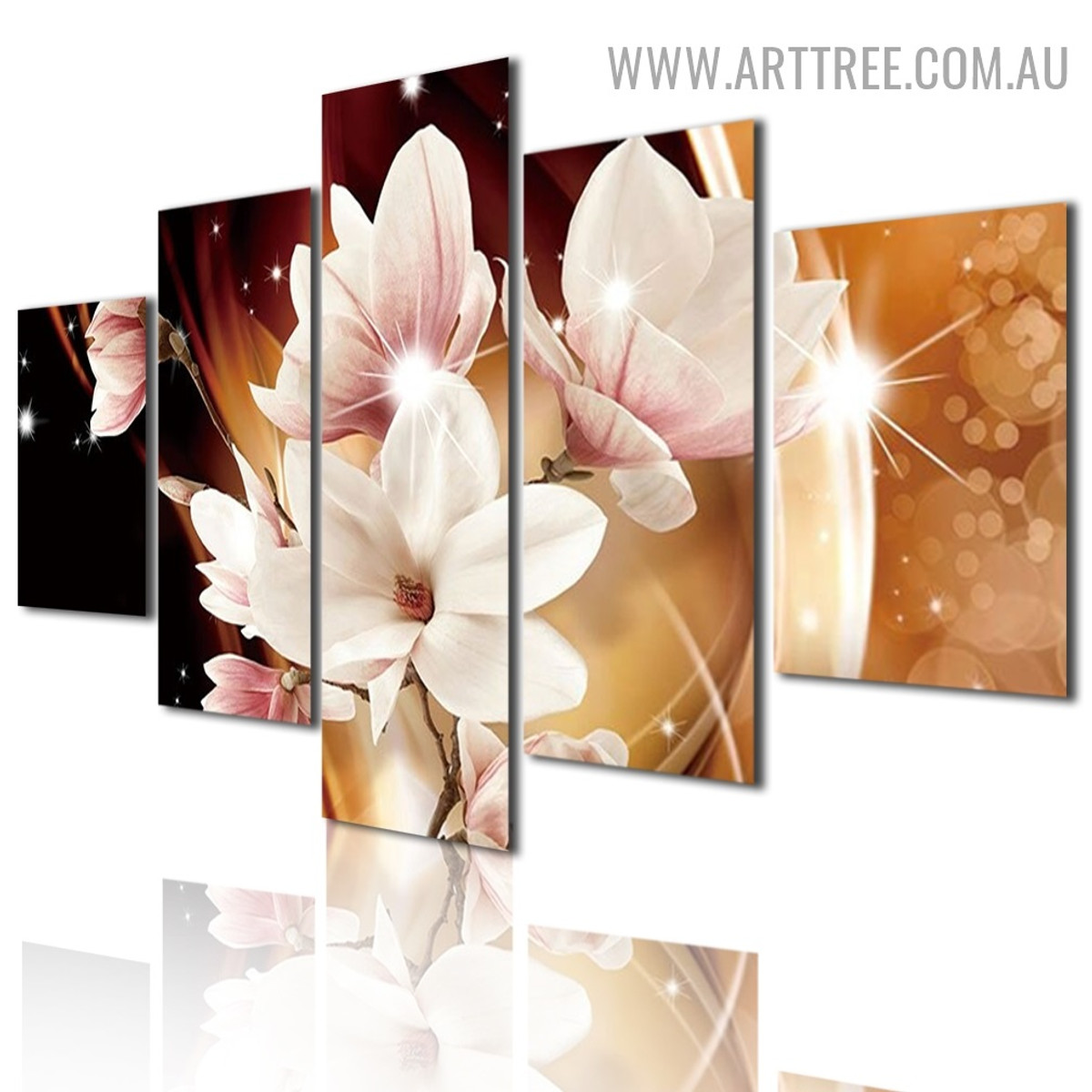 Magnolia Blossom Modern 5 Piece Large Size Floral Abstract Artwork Image Canvas Print for Room Wall Flourish