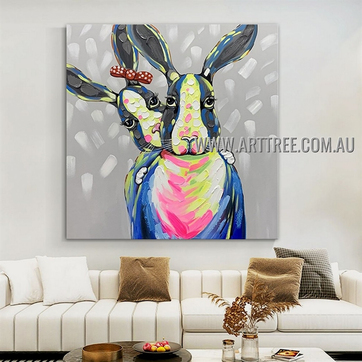 Dapple Rabbits Modern Heavy Texture Artist Handmade Animal Wall Art Painting for Room Adornment