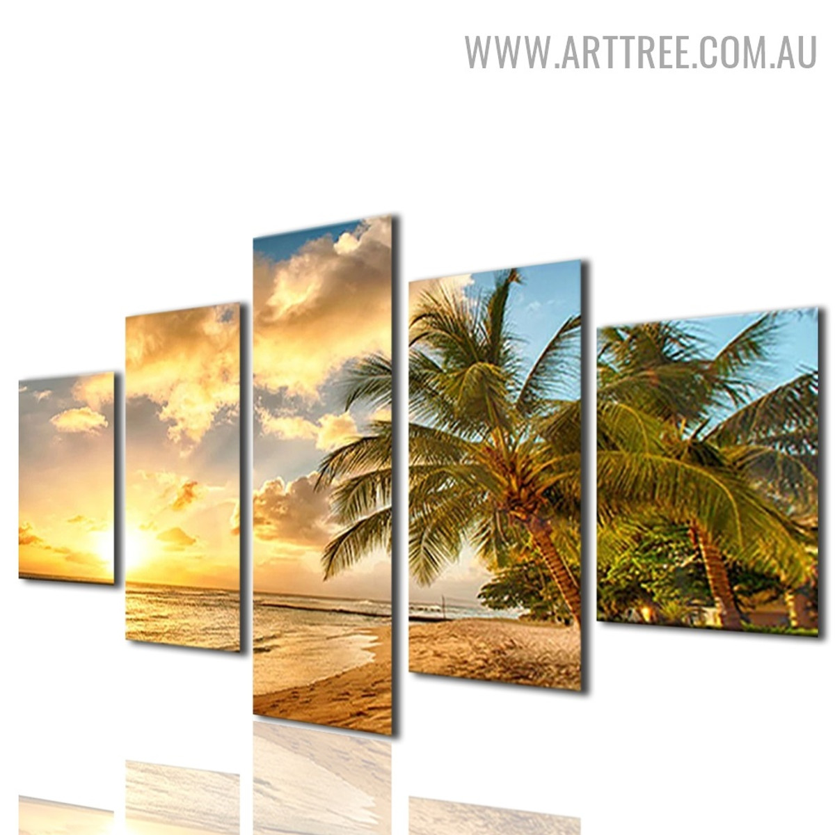 Ocean Sunset View Land Floral Modern 5 Piece Naturescape Large Size Wall Art Photo Canvas Print for Room Molding