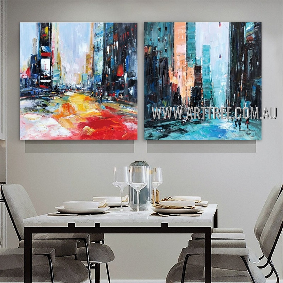 Dapple Cityscape City Architecture Abstract Modern Heavy Texture Artist Handmade 2 Piece Multi Panel Canvas Painting Wall Art Set For Room Ornament