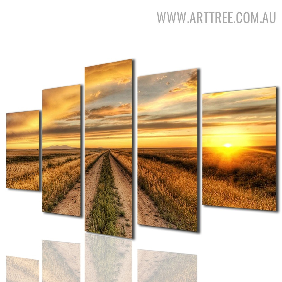 Farmhouse Road Sky Modern Landscape 5 Piece Over Size Floral Painting Image Canvas Print for Room Wall Moulding