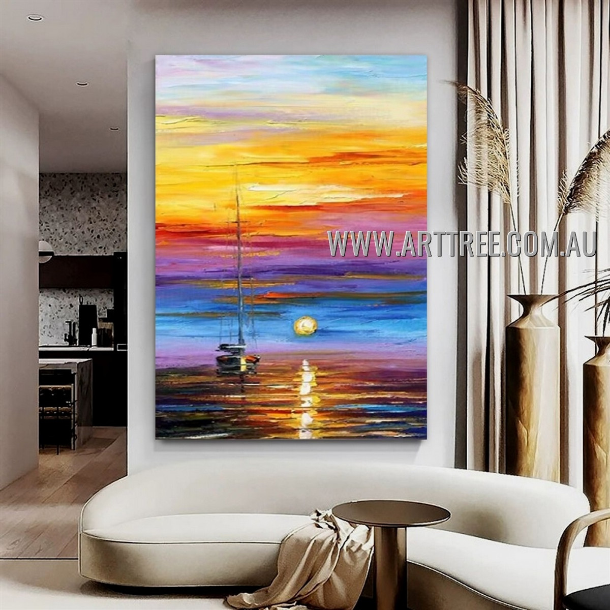 Sailboat Sunset Seascape Modern Heavy Texture Artist Handmade Abstract Art Painting for Room Getup