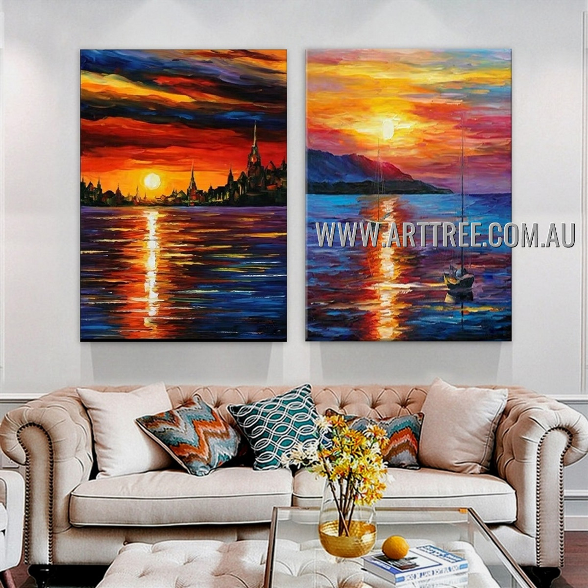 Beautiful Scenery Abstract Landscape Modern Heavy Texture Artist Handmade 2 Piece Multi Panel Canvas Painting for Room Adornment