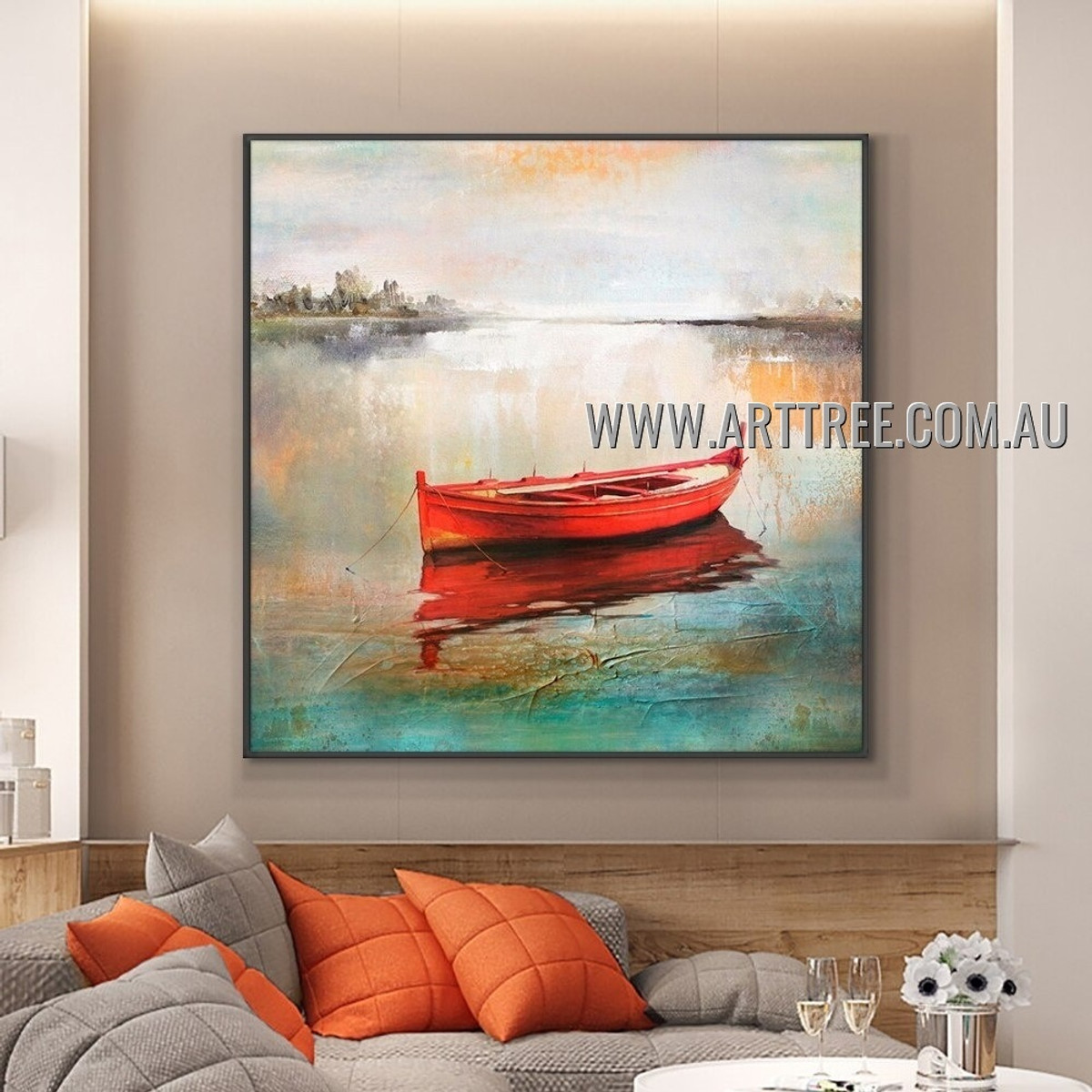 Red Boat Abstract Landscape Heavy Texture Artist Handmade Modern Wall Art Painting for Room Adorn